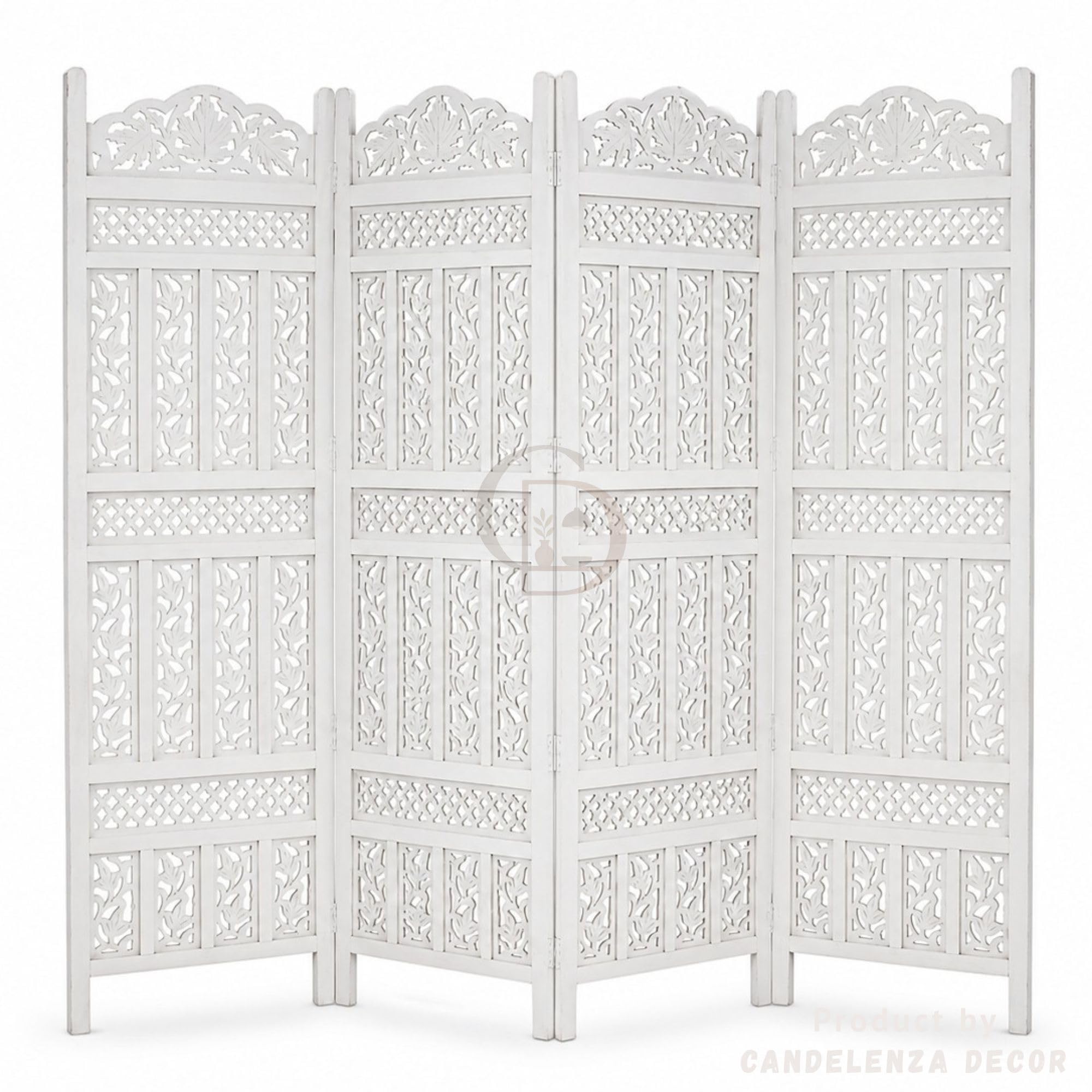 Handcrafted White Wooden Room Divider 4 Panel Folding Privacy Screen | Decorative Carved Partition for Living Room, Bedroom, Office & Dressing Area | Freestanding Folding Divider-image-15