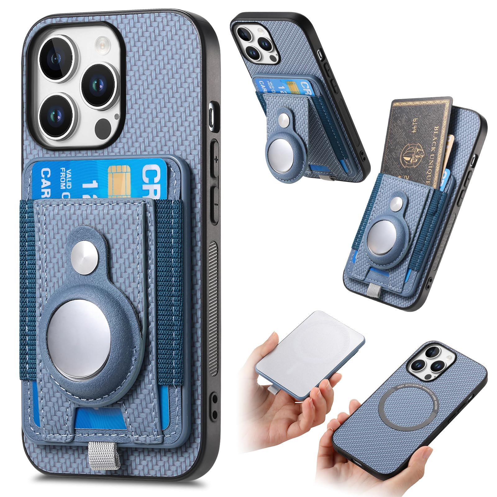 Fourmor Magnetic Wallet Case for iPhone 16Pro with AirTag Holder [Compatible with Magsafe] [Elastic Slot] [Removable Back Clip], PU Leather + PC Back