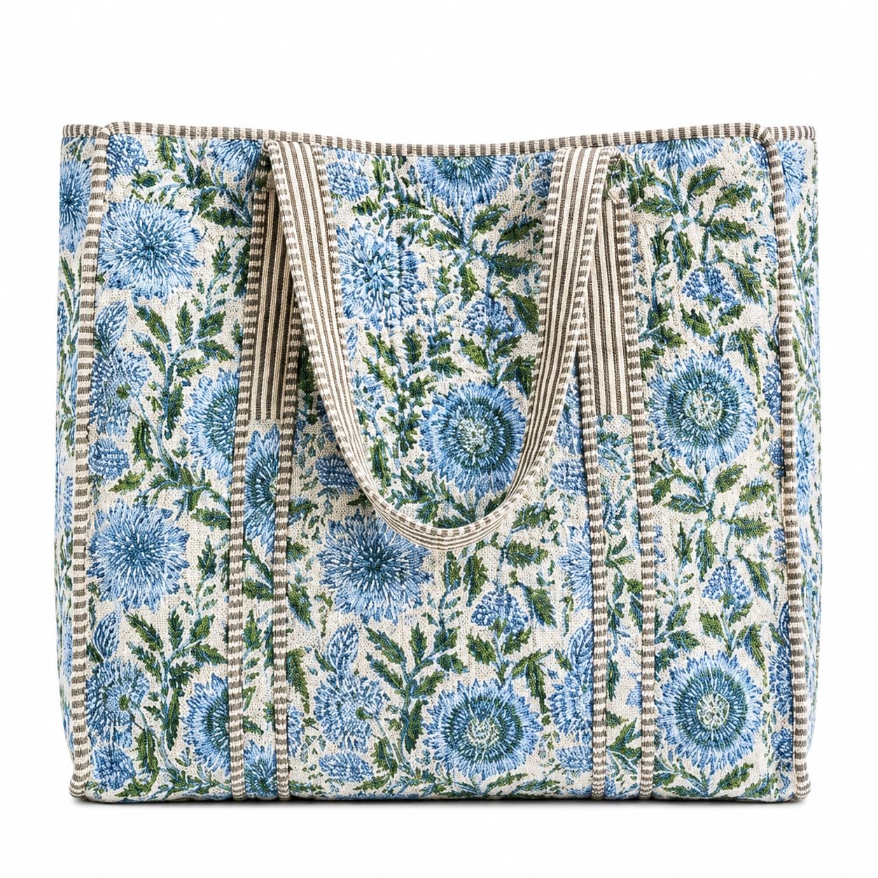 Block Printed Cotton Tote Bag for Women | Sustainable Quilted Artisanal Shoulder Bag | Floral Print Reusable Shopping Office Travel & Everyday Tote | Blue & White-image-40