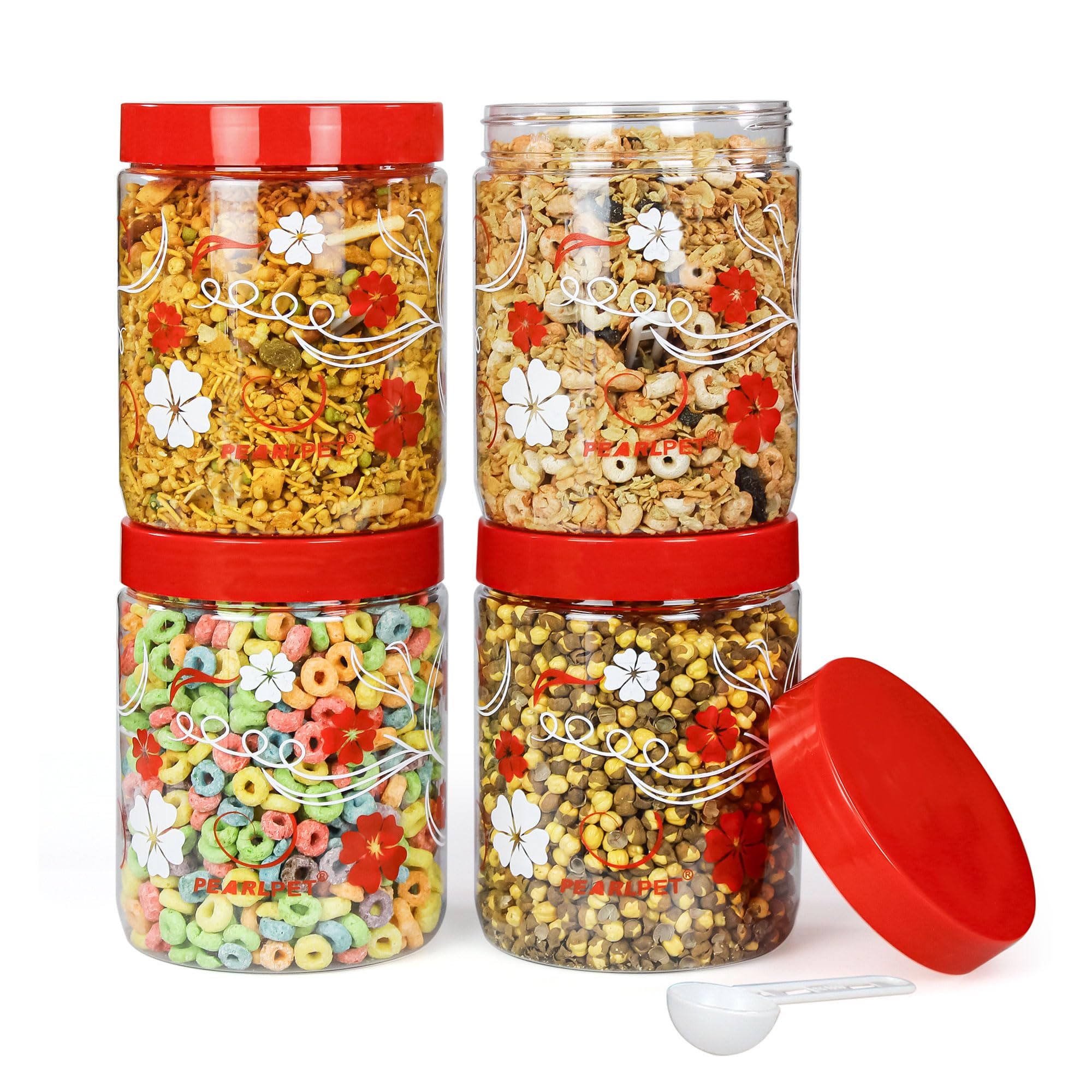 PEARLPET Blossom Jar Plastic Containers for Kitchen Storage | Plastic Container Set | BPA-Free, Stackable Jars | RED, 17