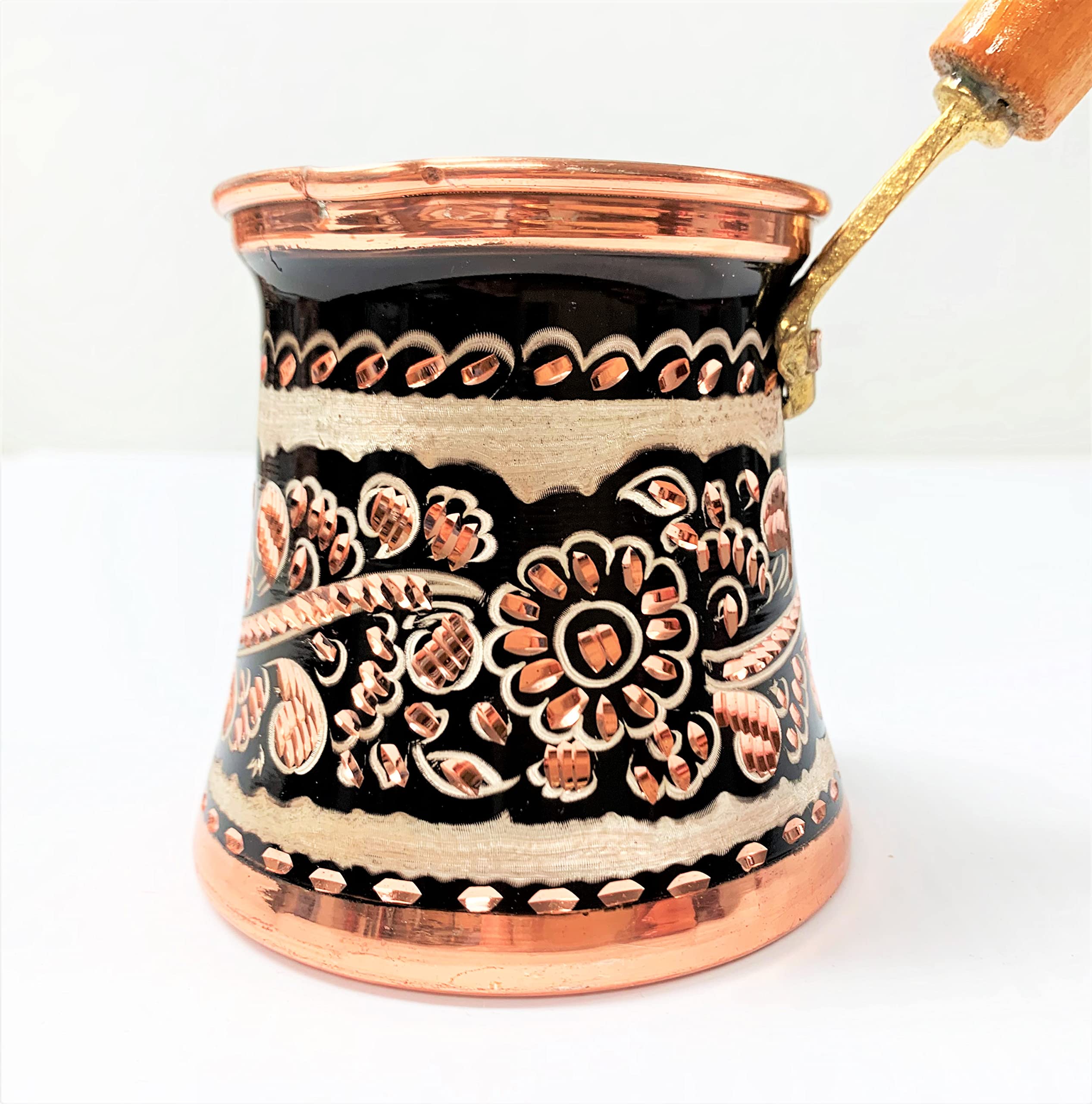7-Oz Handmade Thick 2mm Stamped Hammered Copper Turkish Greek Armenian Coffee Pot Stove Top Cezve Briki Wooden Brass Handle 2 cups