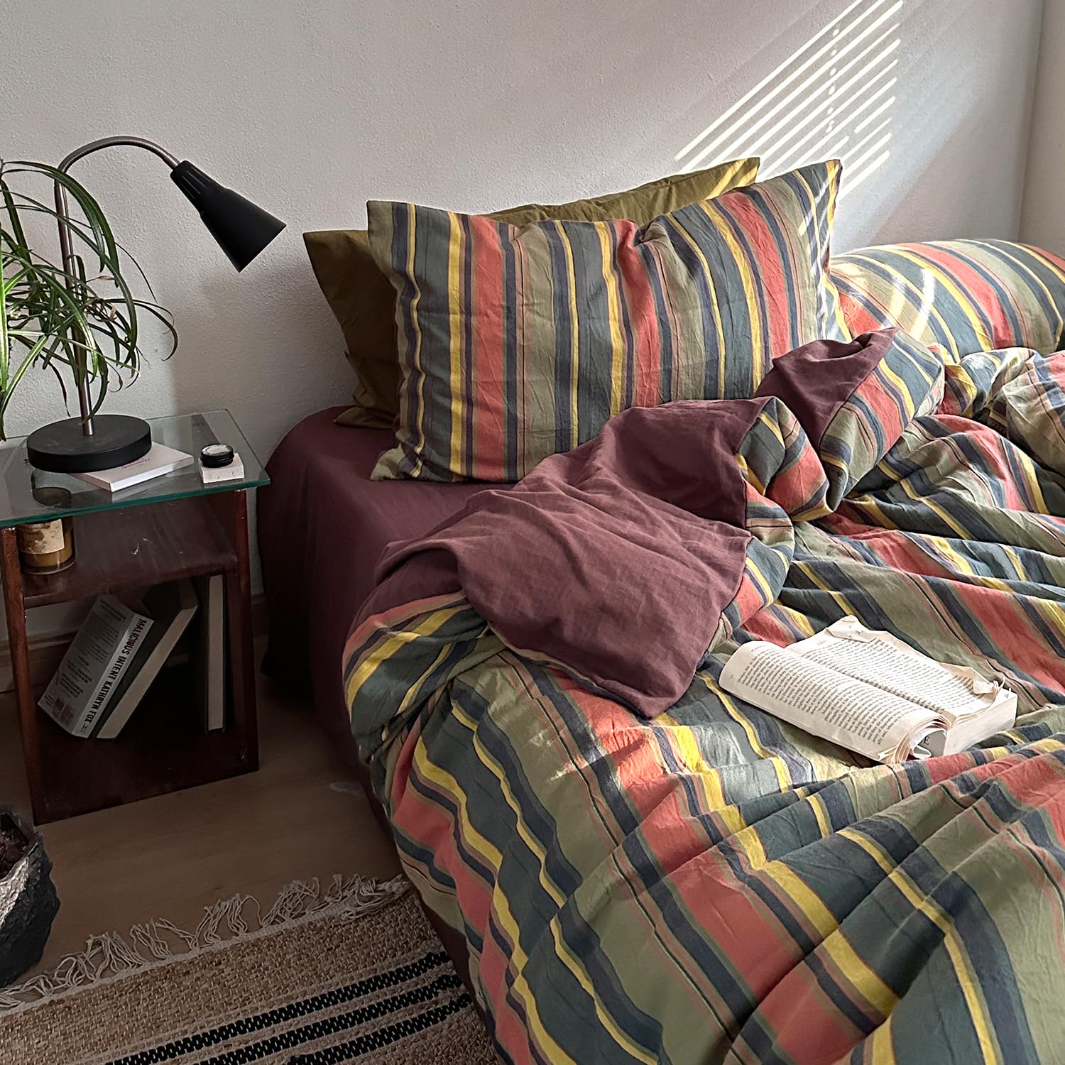 mixinni Vintage Striped Duvet Cover Set Queen Size - 3 Piece 100% Washed Cotton Bedding Set, Soft & Breathable, Colorful Striped Pattern Printed Comforter Cover for All Seasons