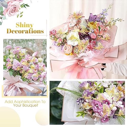 Miniatura 5 de Outus 60 hojas de papel de regalo para ramo de flores, impermeable, con 60 mariposas 3D, 100 alfileres de flores, 2 rollos de cinta, suministros de