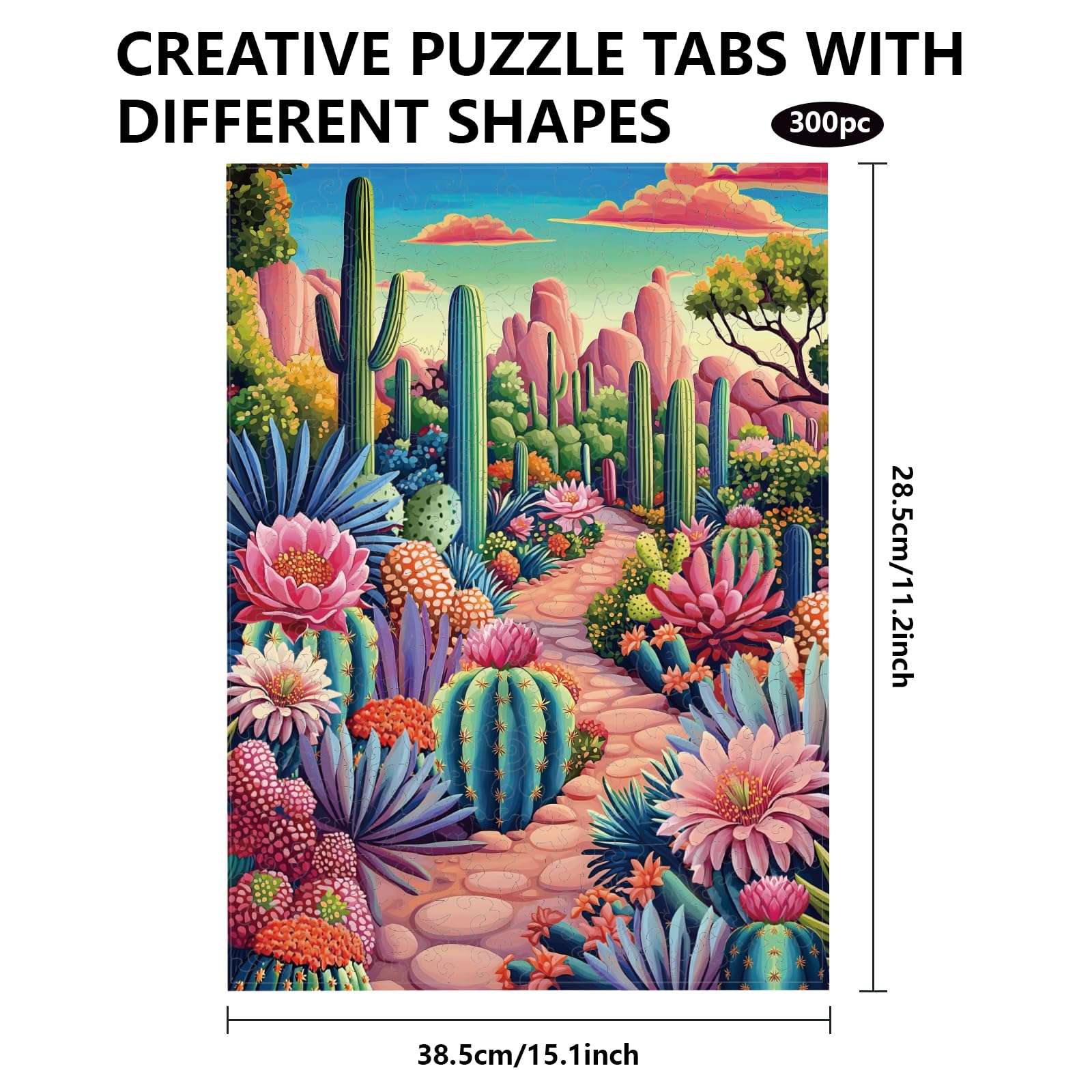 GLOBLELAND 300 Pièces Puzzle en Bois Jungle de Cactus pour Adultes et Monde des Cactus en Bois Puzzle Forme Unique Colorés pour Les Vacances Anniversaire