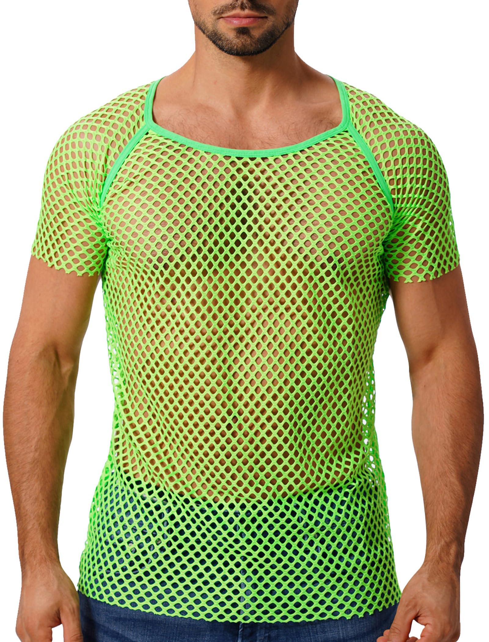 ABAFIP Men's Short Sleeve Fishnet Shirt Mesh Sheer Tank Top Muscle T-Shirt Undershirt Rave Clubwear