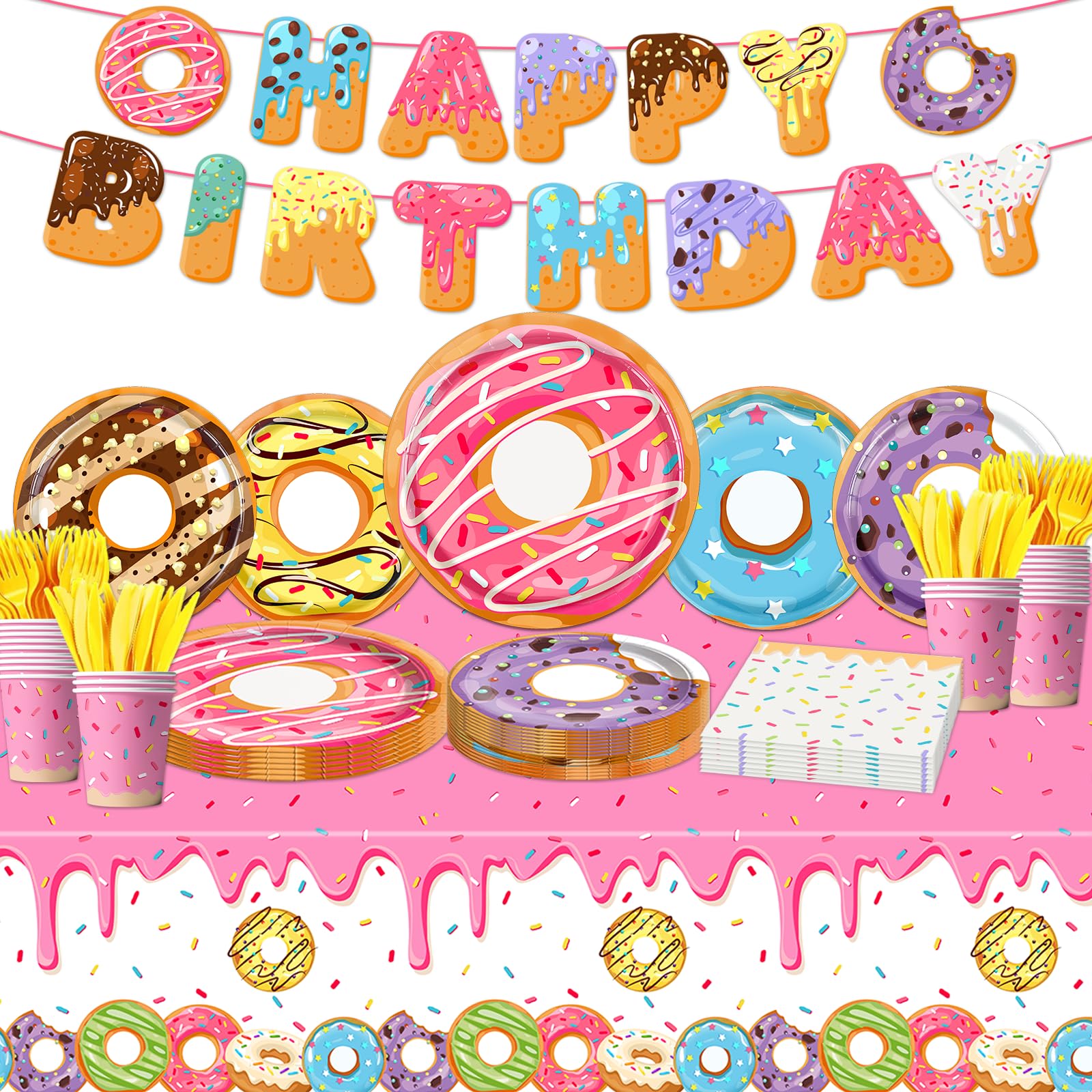 Donut Grow Up Party Supplies 142Pcs Sweet Birthday Party Decorations for Girls Includes Plates, Napkins, Cups, Tablecloth, Banner for Donut Party