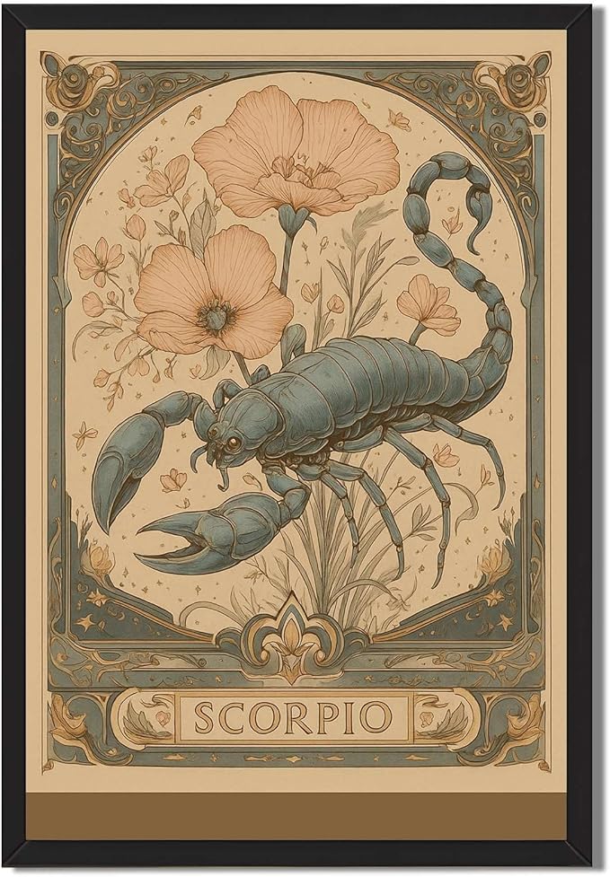 Framed Scorpio Zodiac Sign Poster Canvas Print Art, Vintage Painting Pictures, Wall Decor, Elegant Wall Art, Decoration for Living Room, Bedroom, Art Print, Dorm Room. (Black Framed,12L X16W)