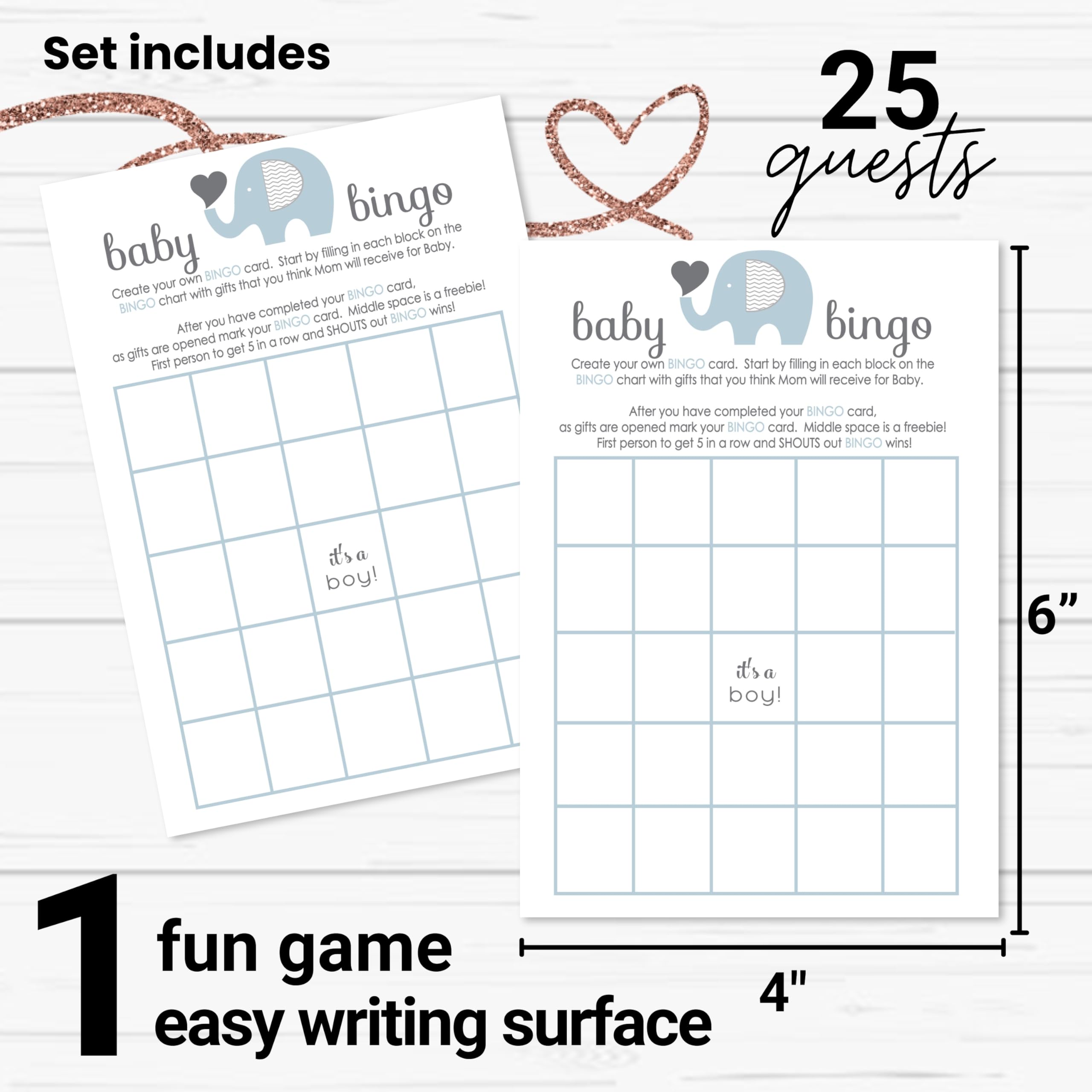 Paper Clever Party Blue Elephant Baby Shower Bingo Game - Blank Cards for Guests to Fill in Gift Guesses - Boys Jungle Animal Theme - 25 Pack