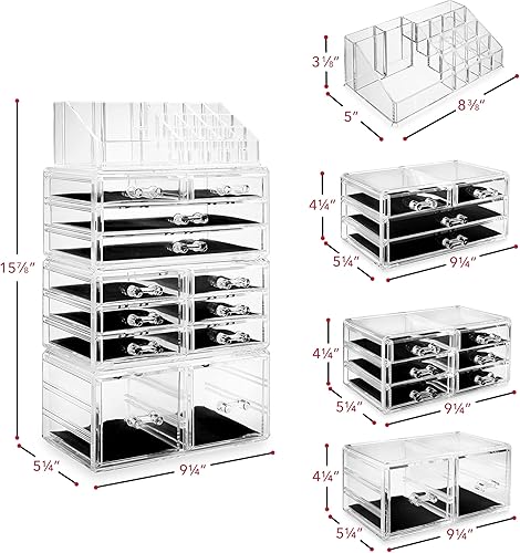 Miniatura 7 de Casafield Organizador de maquillaje cosmético acrílico y vitrina de almacenamiento de joyas, grande de 16 ranuras, 2 cajas y 10 cajones, transparente