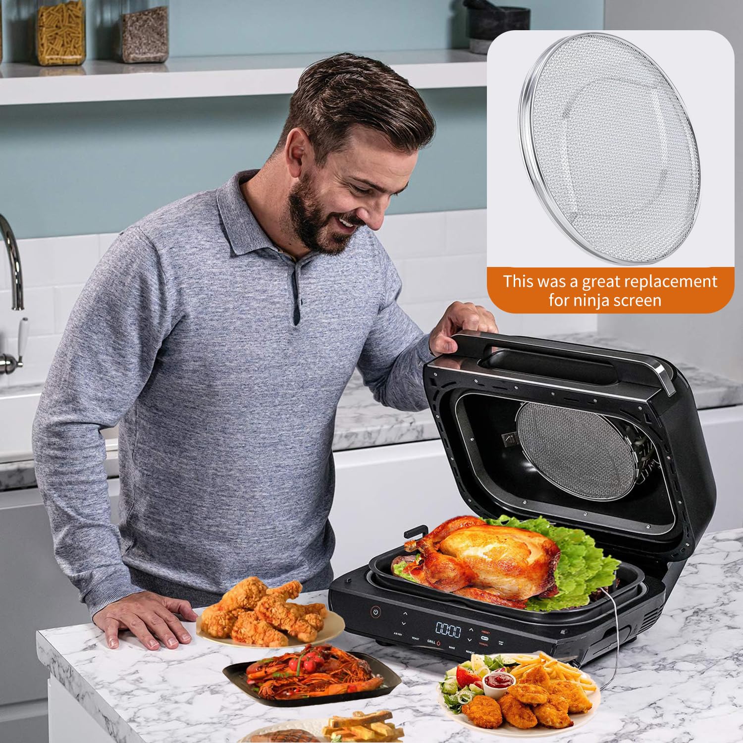Lebreary Stainless Steel Splatter Shield for Ninja Foodi FG551, Reusable 6-in-1 Air Fryer Accessories, Indoor Grill Accessories, Fine Mesh Splatter Screen, Ninja Replacement Screen Splash Guard