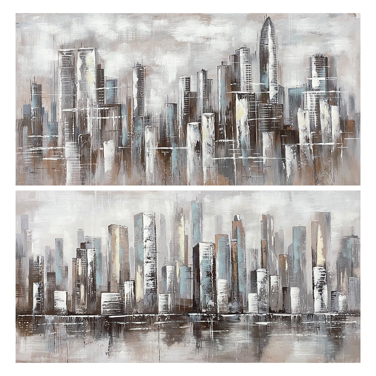 Tableau sur toile fait main ville design abstrait bleu et noir 120 x 60 cm