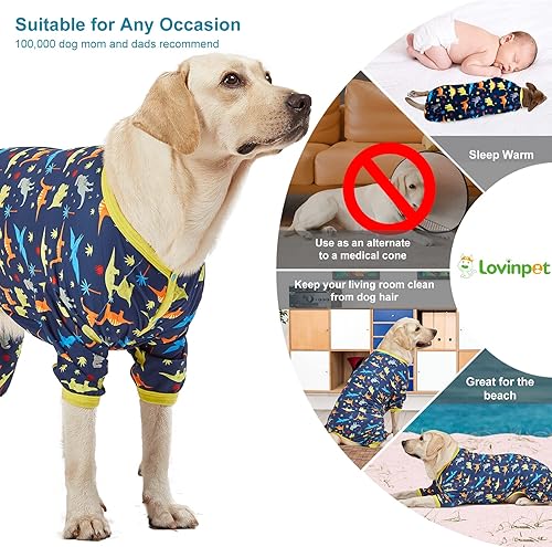 Miniatura 4 de LovinPet Pijama para perros grandes, diseño de dinosaurio de aventura prehistórica, color azul marino, ligero y elástico, pijama para perros