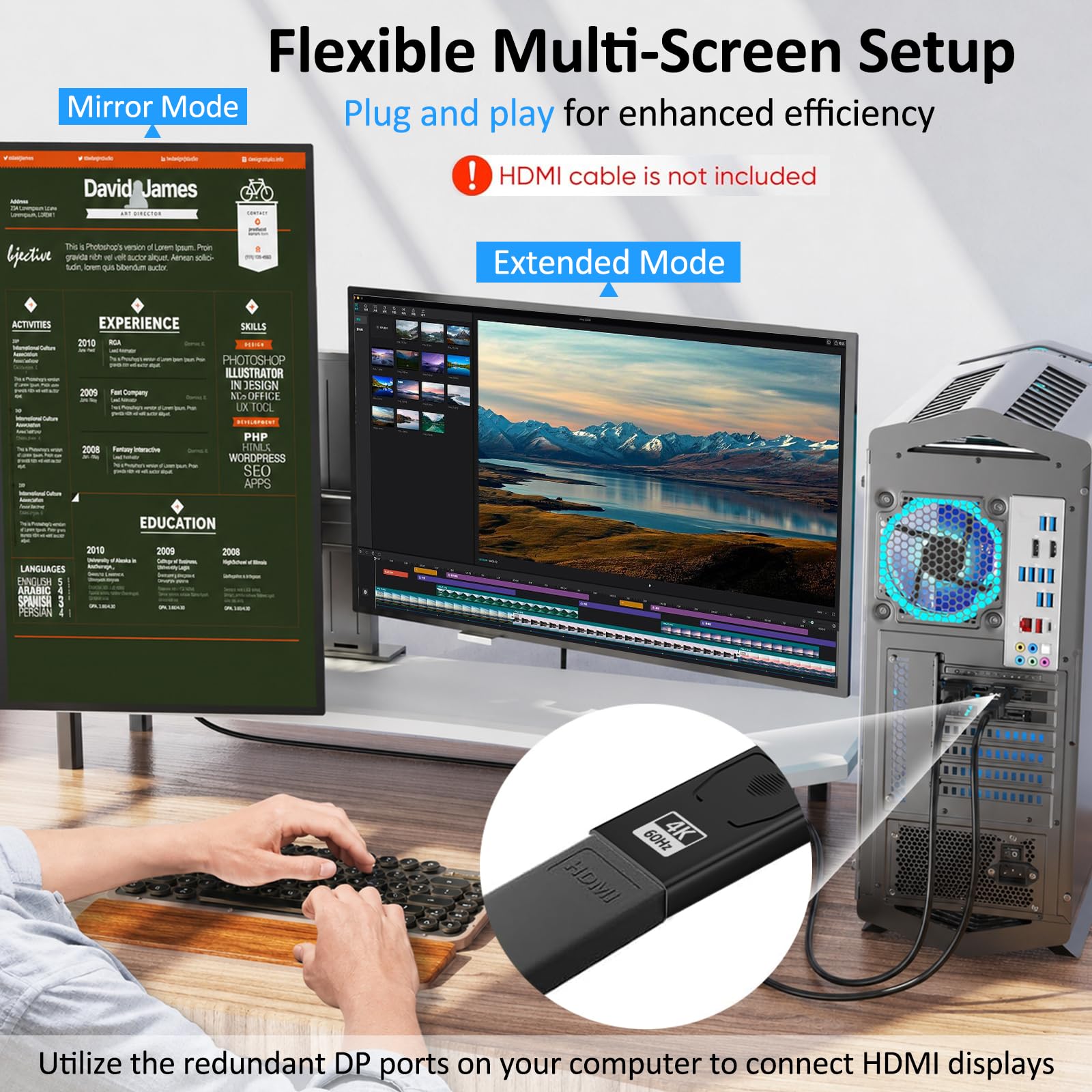 4K Adaptateur Displayport vers HDMI,DisplayPort vers HDMI 4K@60Hz/ 2K@60Hz/ 1080P@120Hz,2 pièces Unidirectionnel display port to hdmi Compatible avec Dell,HP,HDTV,Projecteur,Moniteur, AMD, GPU, NVIDIA