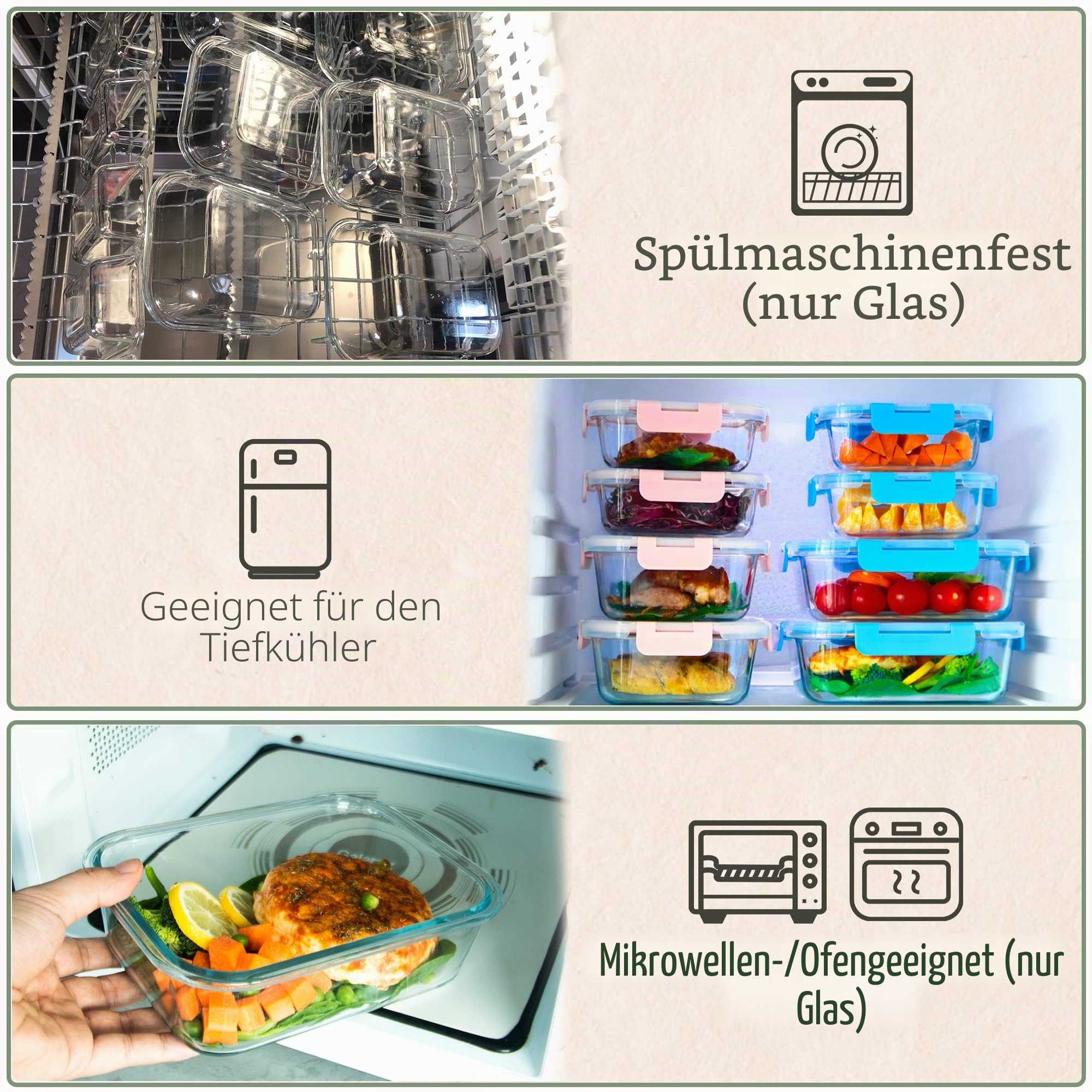 UMEIED Frischhaltedosen-Set aus Glas mit luftdichten Deckeln, für die Zubereitung von Mahlzeiten, Mittagessen und Portionskontrolle, Mikrowelle, Gefrierschrank und Spülmaschine, 10 Stück (rosa)
