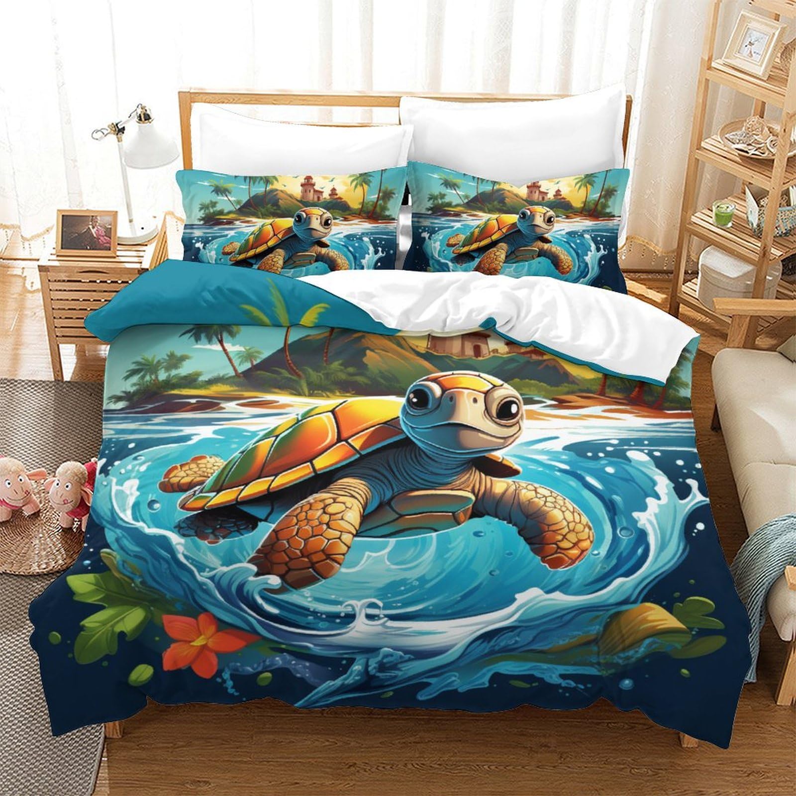 Parure de lit tortue 3D en microfibre avec 2 taies d'oreiller pour lit double 200x200 cm