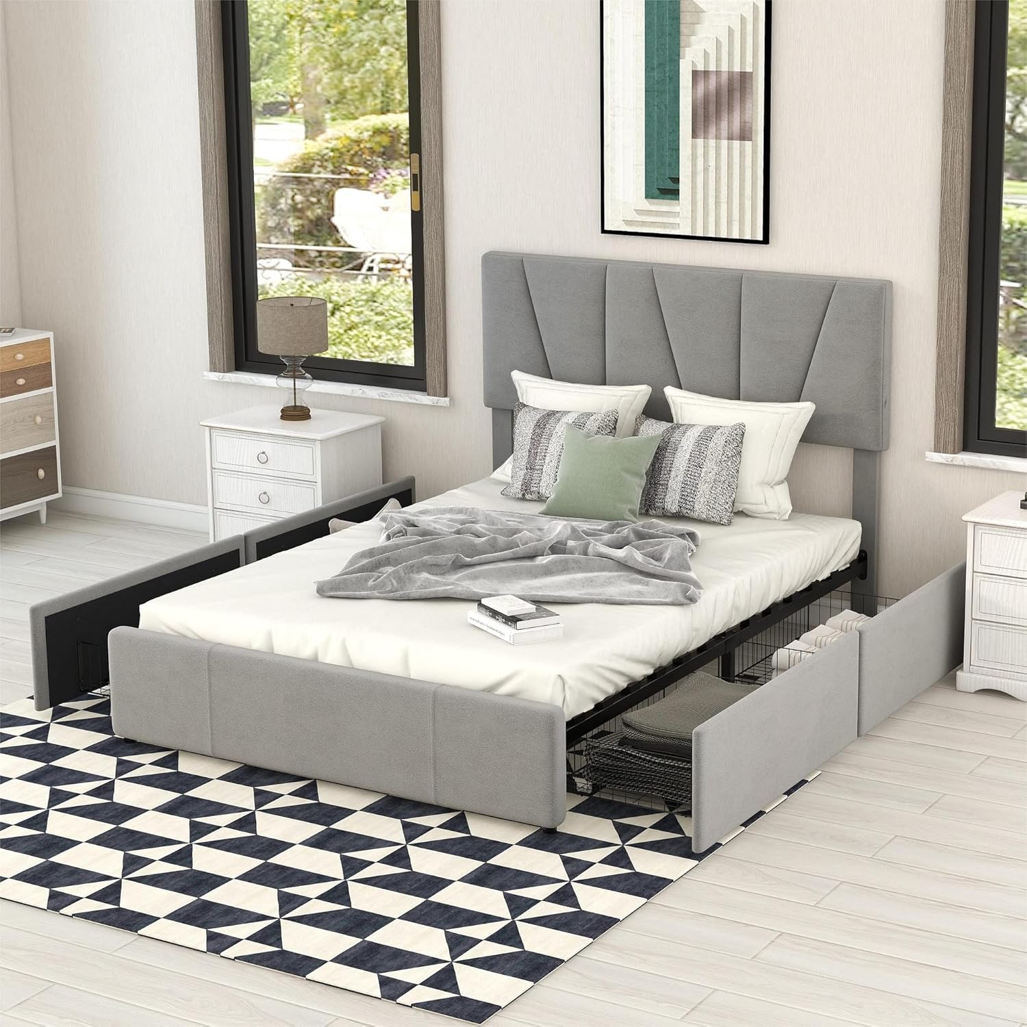 Cama doble, cama tapizada con plataforma con cuatro cajones en dos lados, con somier de láminas, cama con cabecero ajustable (sin colchones) (gris, 140 x 200 cm)