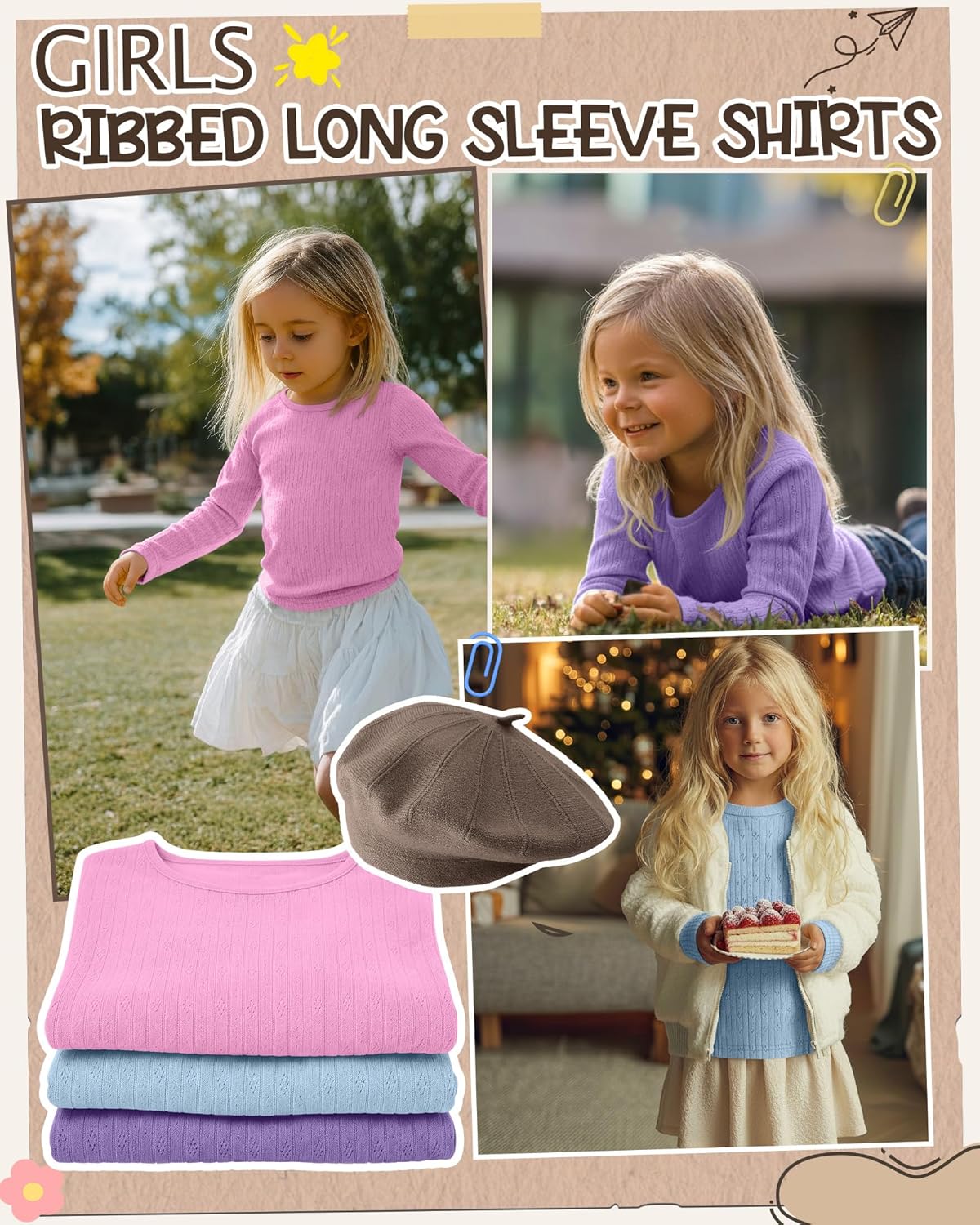 3 Pack Girls Ribbed Long Sleeve Shirts, Cotton Crew Neck Jacquard Tops Kids Casual Layer Knit Basic Tees 3-12 Years - Image 2