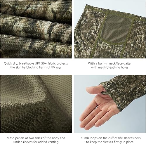 Miniatura 5 de BASSDASH - Camiseta de caza para hombre con protección solar FPU 50+, manga larga con capucha tipo pasamontañas y diseño camuflado, para pesca