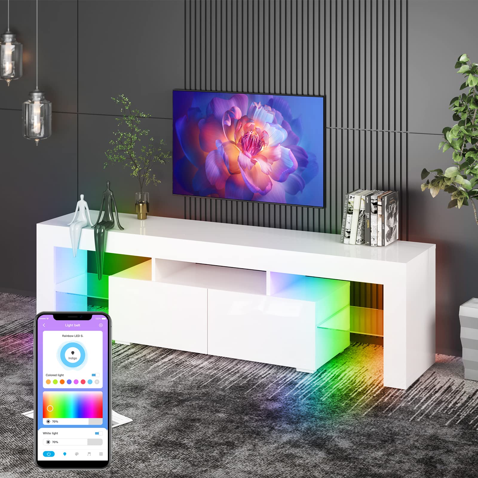 Buy Mjkone LED TV Stand for 65+ Inch TV, White TV Stands with RGB LED