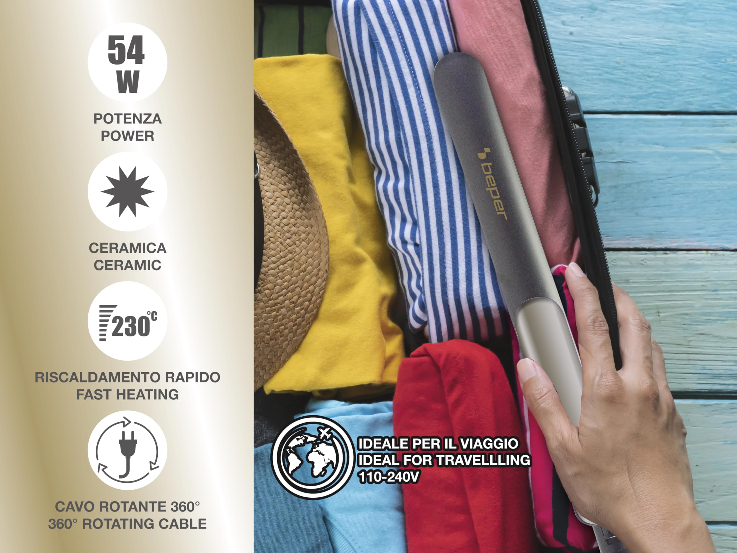BEPER P301PIS200 Ceramiczna Prostownica do Włosów, Prostownica z 6 Ustawieniami Temperatury, Szybkie Nagrzewanie do 230°, Obrotowy Kabel 360°, Automatyczne Zatrzymanie, Blokada Płytek, Czarny