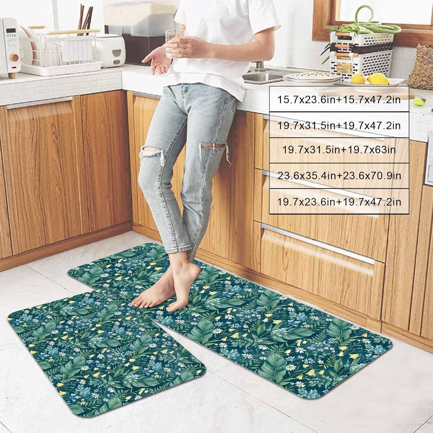 Prime Leader Dark Green Flower Kitchen Mat Set 2 Pieces Spring Blue Yellow Floral Country Non Slip Kitchen Rugs Washable Runner Rug Mats for Sink Laundry (23.6" x 35.4"+23.6" x 70.9")