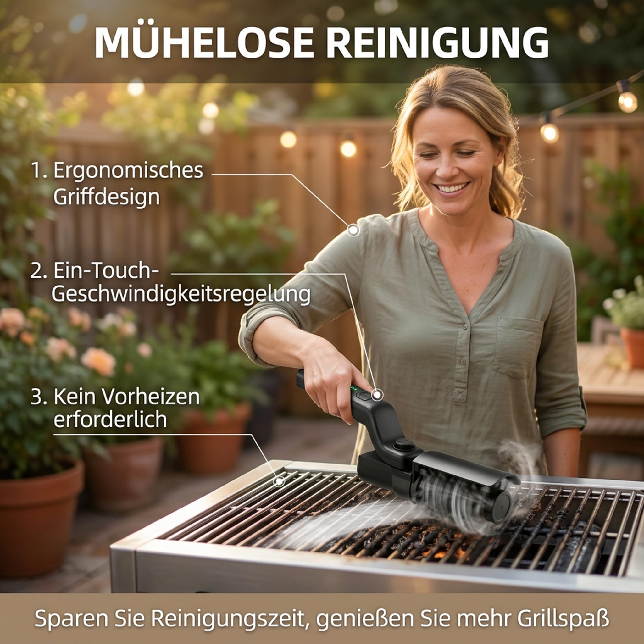 Elektrische Grillbürste, Reinigungsbürste Grillbürste Elektrisch, 180° Verstellbarem Winkel, 3-Stufen Reinigung für Grillrost, Smoker, Grillplatte, IPX7 Wasserdicht Electric Grill Cleaner