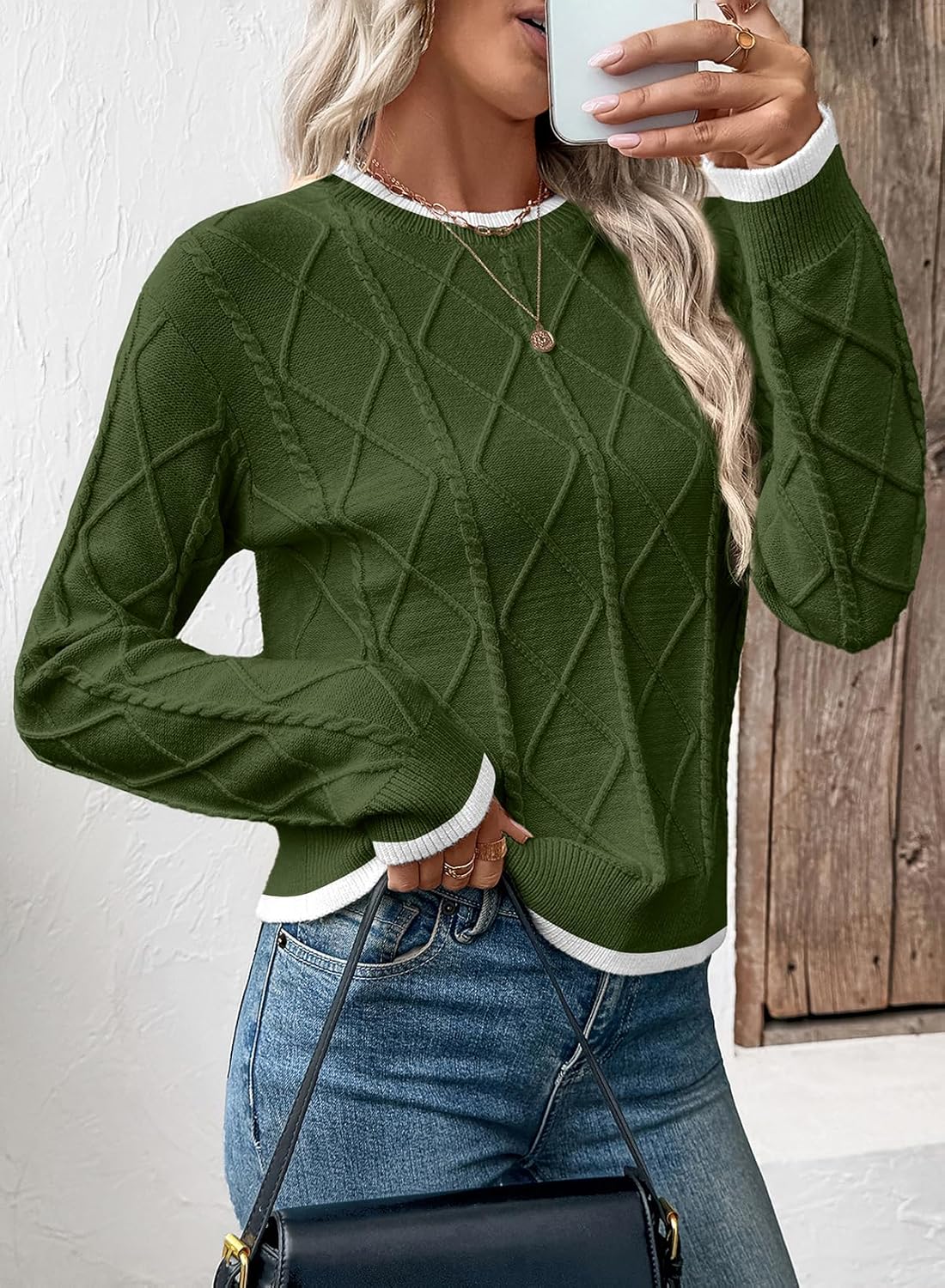 EVALESS Womens Sweaters Long Sleeve Crewneck Color Block Pullover Tops 2025 Fall Trendy Cable Knit Sweater - Image 3