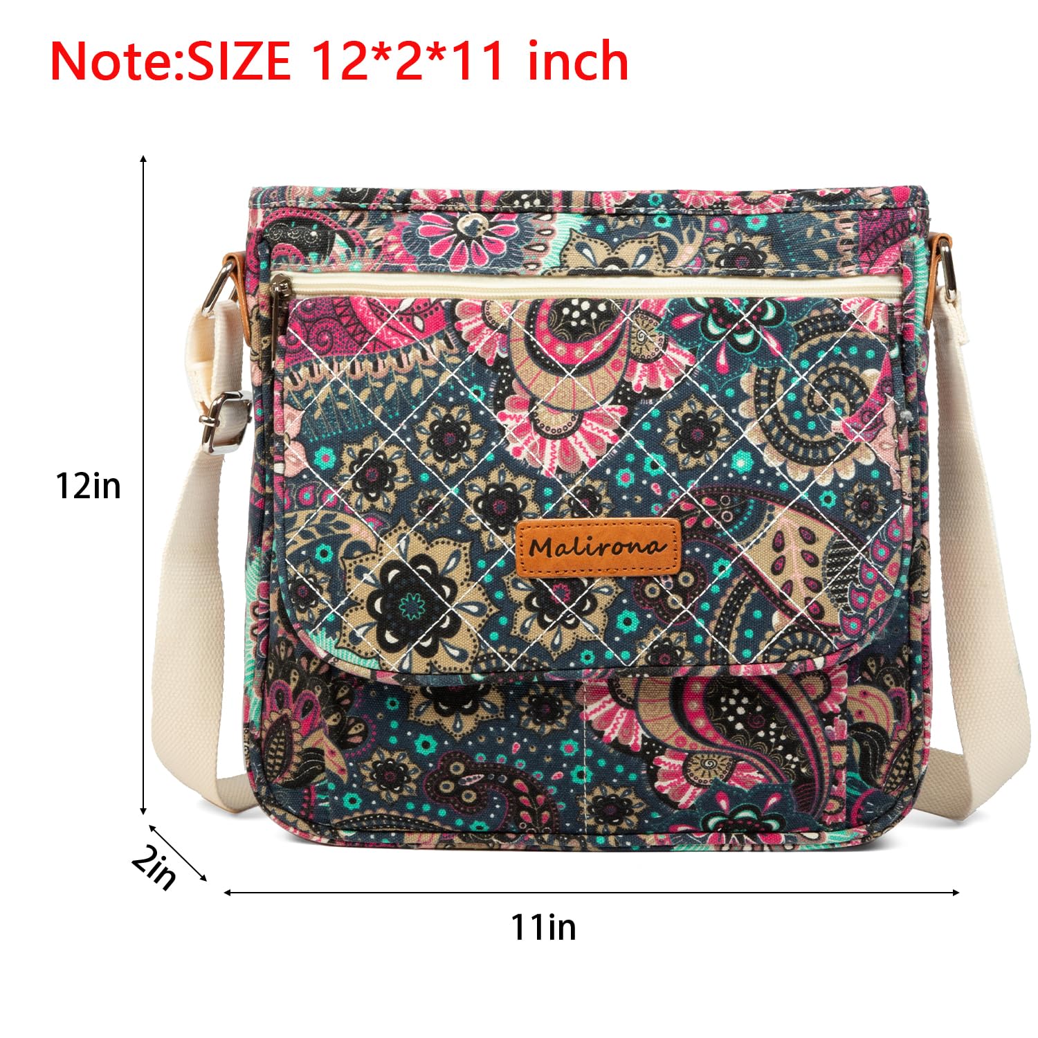 Malirona Women 's Durable Floral Crossbody Bag Canvas Messenger Handbag Multi Pocket Travel Satchel Purse (Rose Red)