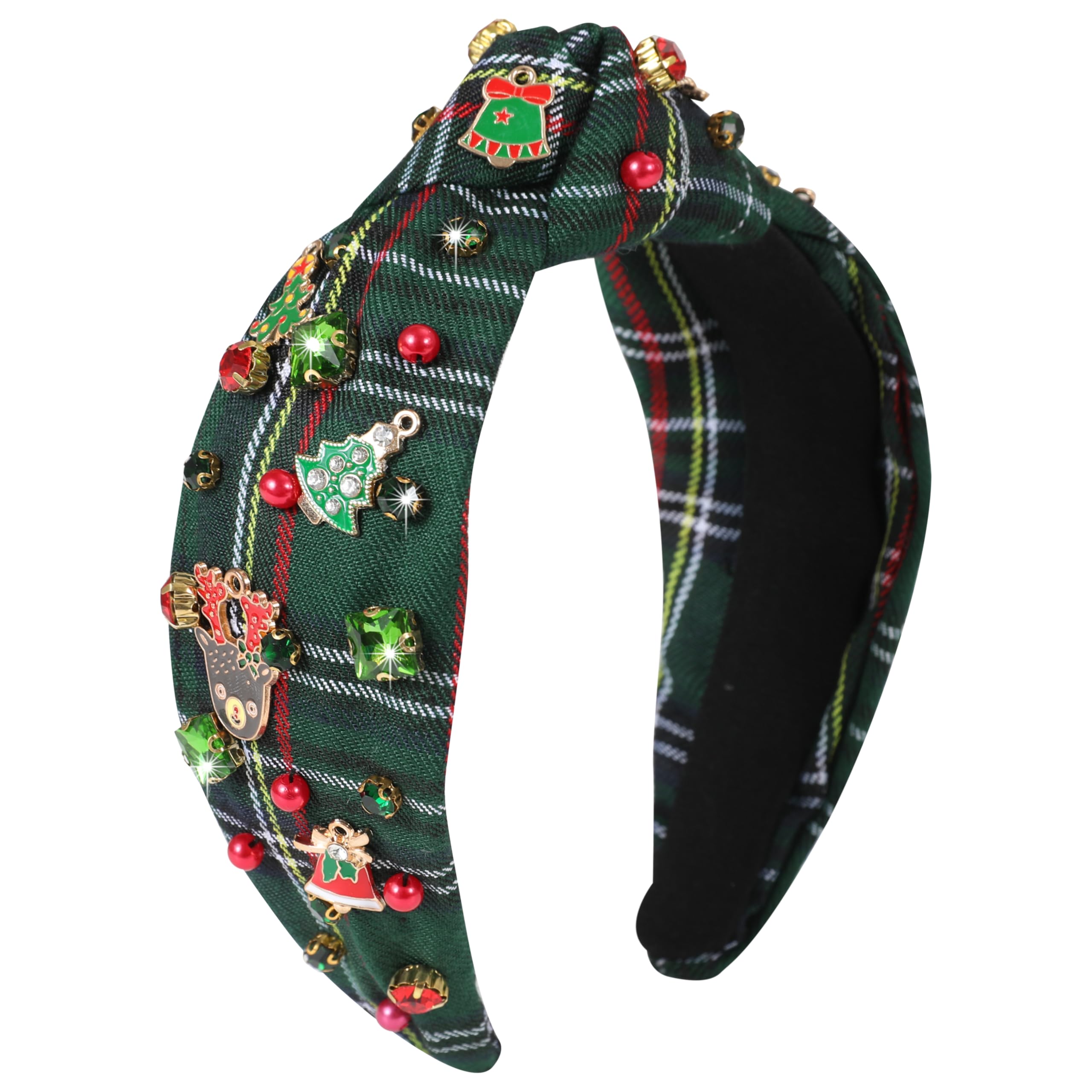 Gmmidea Christmas Plaid Knotted Headbands for Women Xmas Tree Reindeer Snowflake Jeweled Headband Beaded Crystal Top Knot Festive Headband Christmas