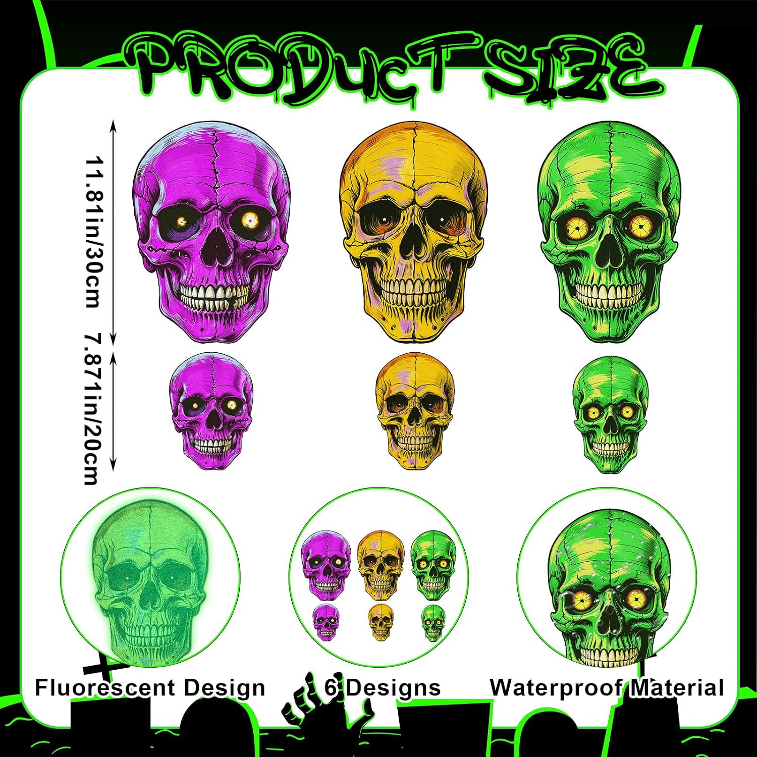 Honoson 24 Pcs Glow in Dark Halloween Skull Cutouts Vintage Style