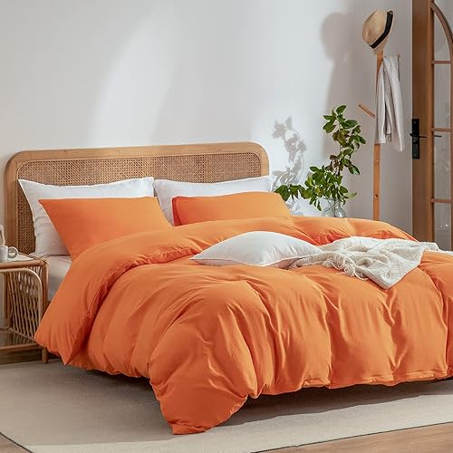 Miniatura 2 de Juego de funda de edredón naranja tamaño Queen, 100 % microfibra lavada, 3 piezas, color liso, casual, naranja, para hombres y mujeres, con cierre