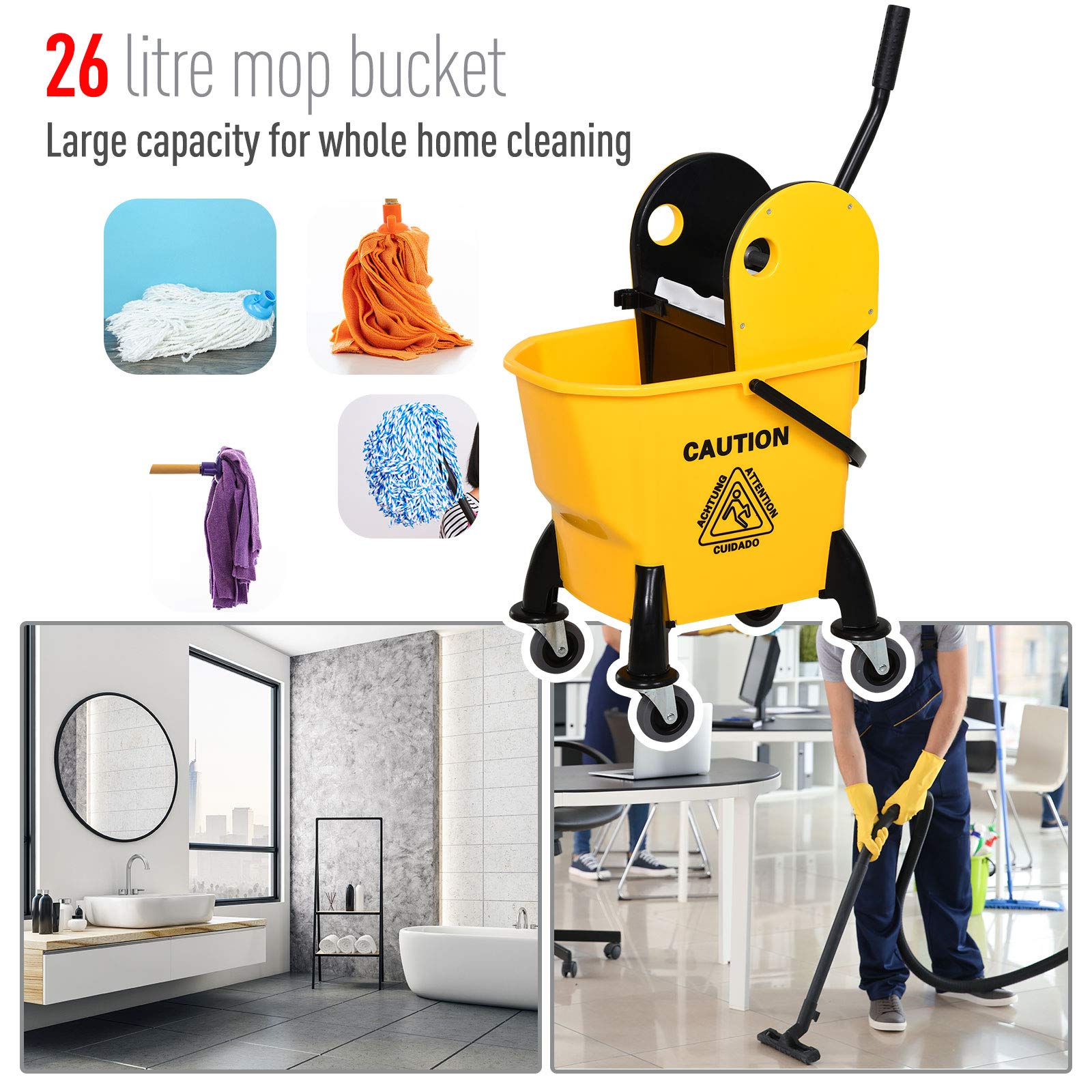 HOMCOM Cubo de fregona de 26 litros y escurridor de Agua con 4 Ruedas, Cuerpo de plástico, Mango de Metal, Soporte para Poste de Limpieza Comercial para el hogar, Carrito de Piso, Color Amarillo