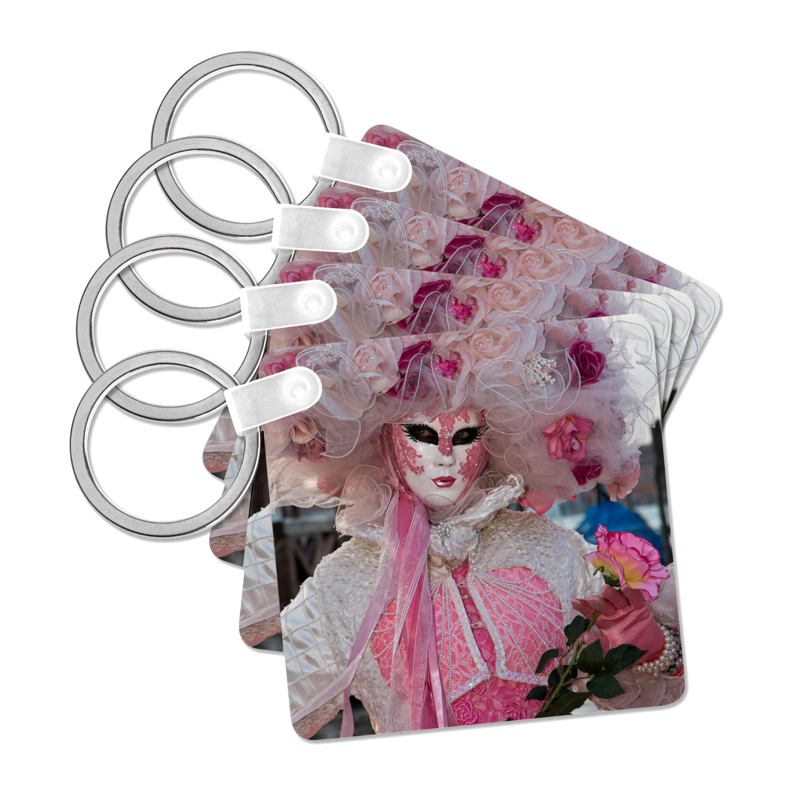 3dRose, Venice, Italy. Carnival Participant Wearing Pink and White Costume, set of 4 Key Chains