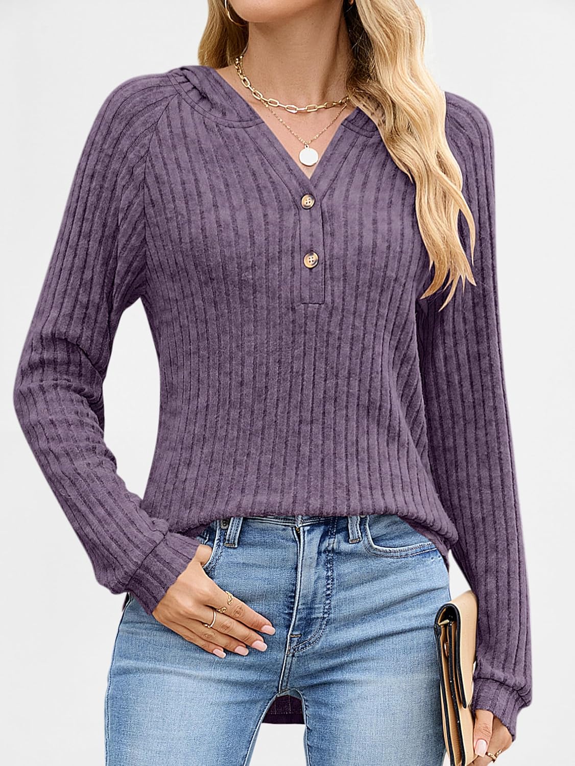 ANRABESS Womens Long Sleeve Henley Tops Ribbed Knit Hoodie Shirts 2026 Spring Loose Fit Lightweight Hooded Sweaters - Image 4