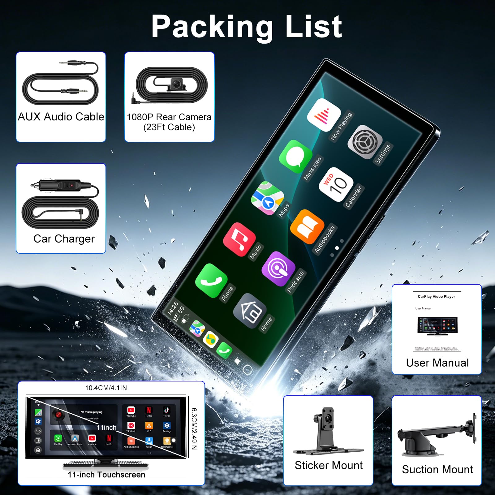 Schermo Carplay 2026 da 11 pollici per auto, Net-flix integrato, You-Tube, Tik-Tok e altro, tablet per auto HD 1920 x 720P per Apple Carplay e Android Auto con fotocamera di backup 1080P