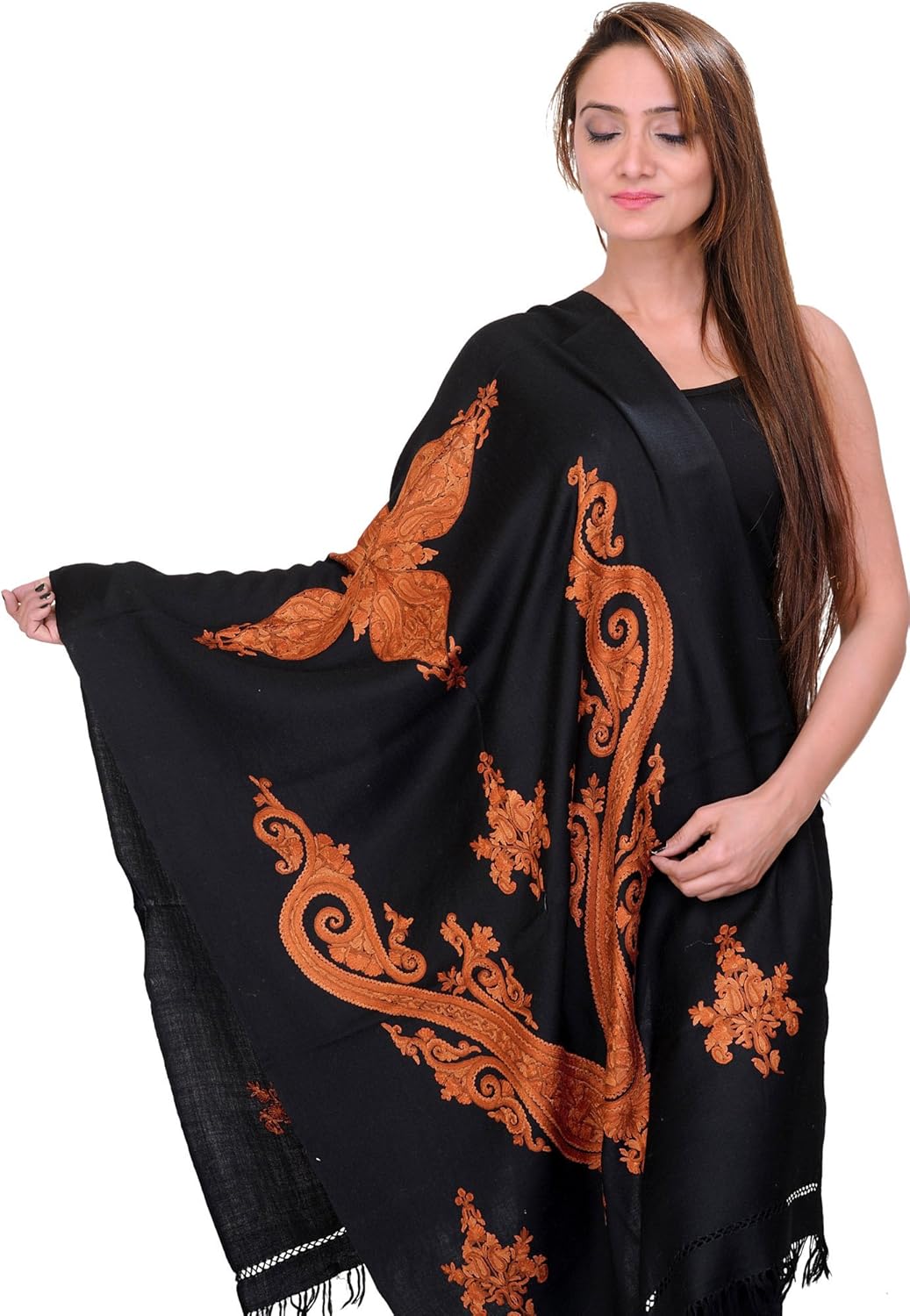 Exotic India Kashmiri Stole with Ari Embroidered Paisle