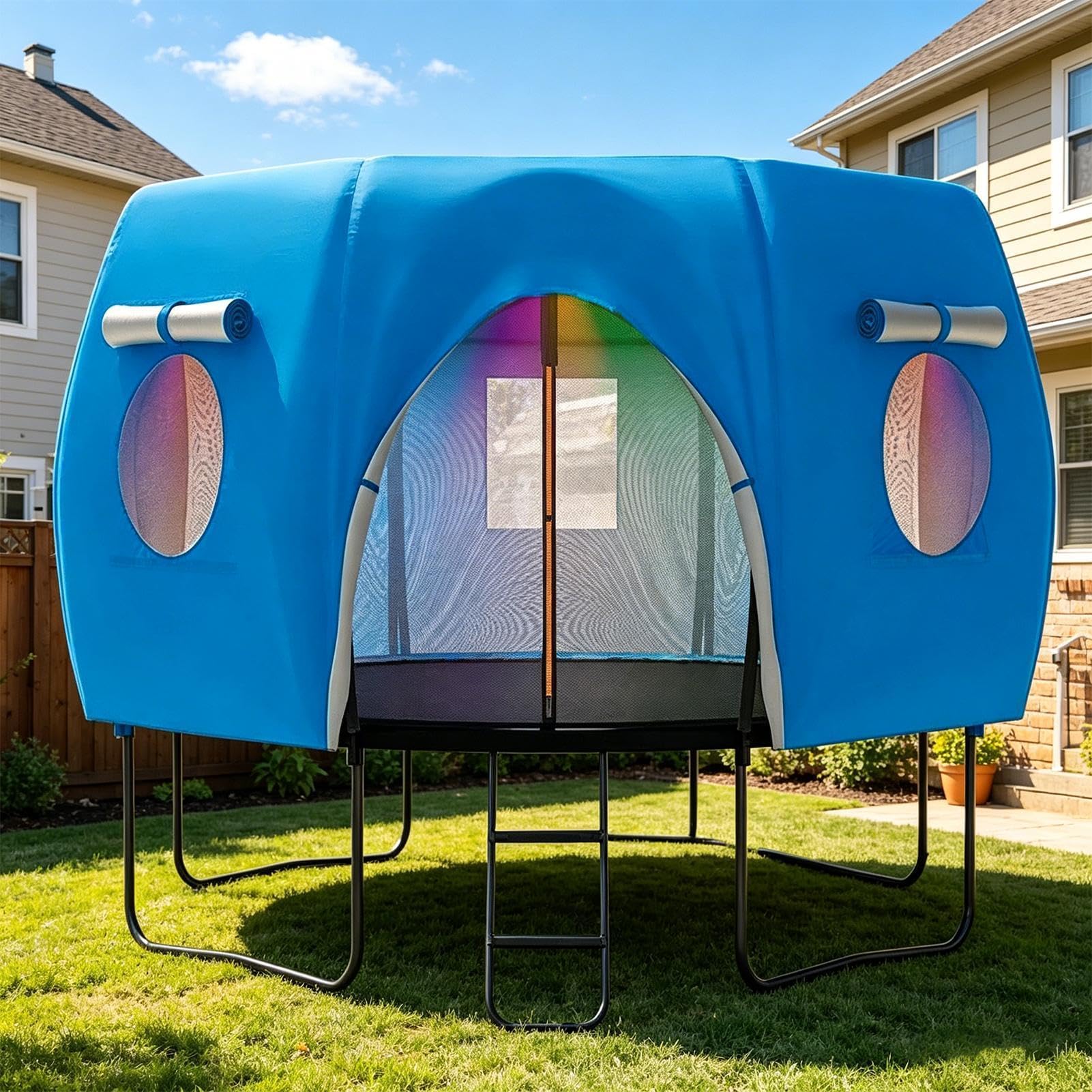 Waterproof Trampoline Cover - UV Protection Round Shade Cover With Curved Pole Frame | Foldable Trampoline Tent For Birthday Parties Picnics | Fits 6ft 8ft 10ft 12ft 14ft