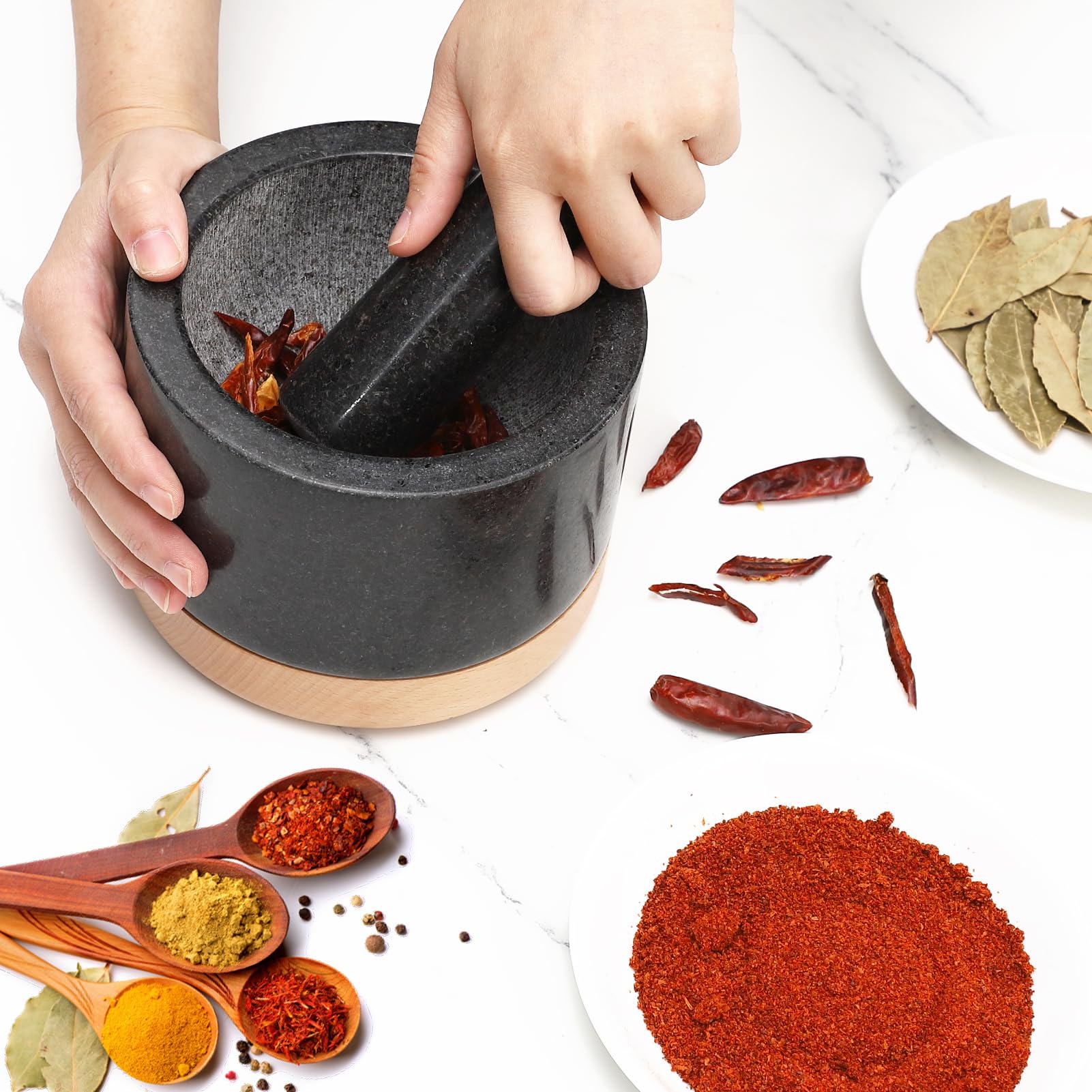 Juego de mortero y mortero con base de madera, cuencos de granito para guacamole, cuenco de aguacate pulido sin arañazos, especias de cocina y condimentos, accesorios de cocina