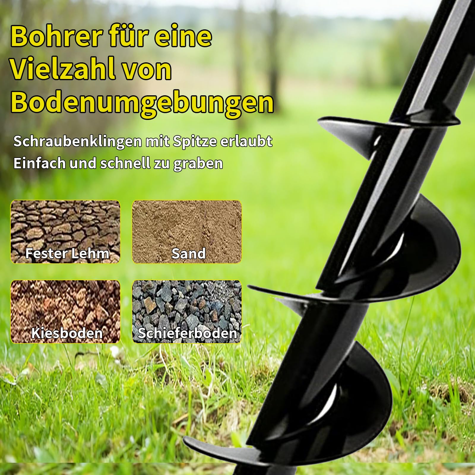 OUKENS 3 punte per trapano da giardino, per avvitatore a batteria, coltivatore a terra, in acciaio al carbonio, per giardinaggio, concimazione, foro di ghiaccio, 4,6 x 37 cm, 8 x 30 cm, 4 x 22 cm