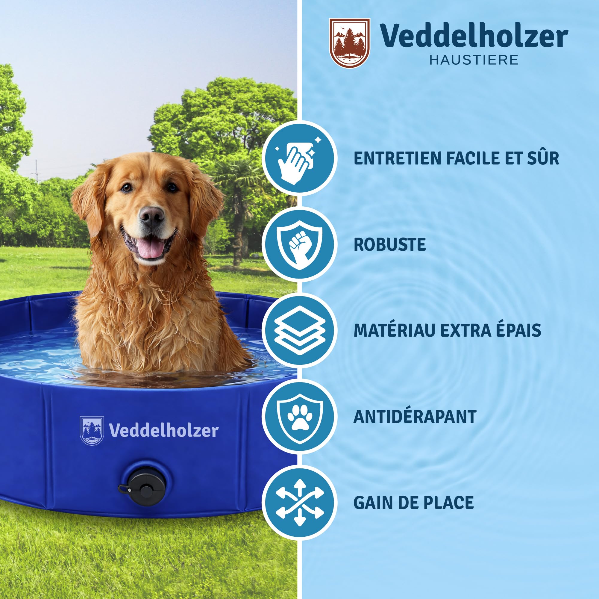 Piscine Pliable pour Chien Veddelholzer (M) 80 x 20 cm antidérapante – Piscine Robuste, Peu encombrante et Stable, idéale pour Le Jardin et Le Balcon, Installation Rapide sans gonflage, pour Chiens