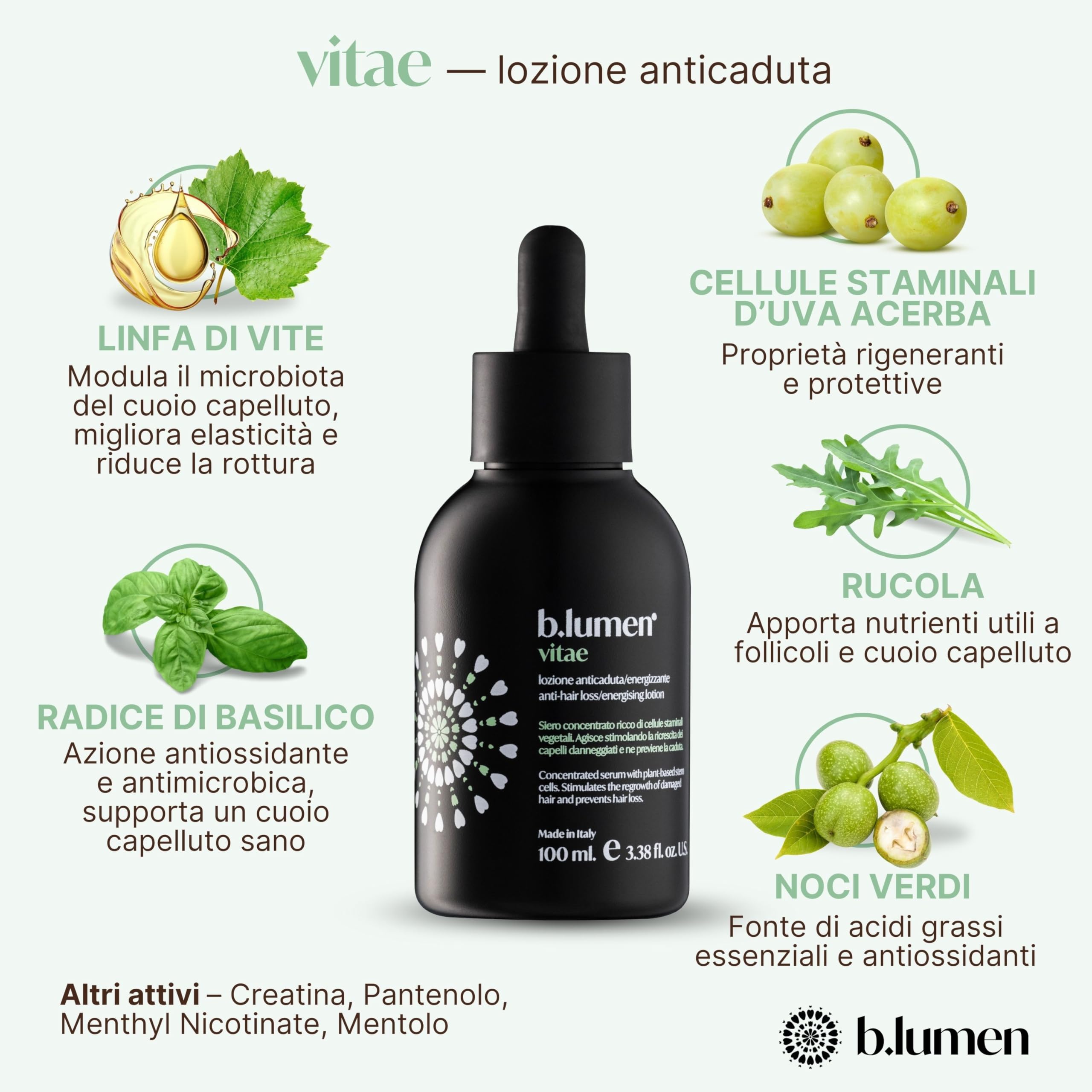B.lumen Vitae Lozione Anticaduta Capelli Uomo Donna – Trattamento Rinforzante e Energizzante – Stimola la Ricrescita dei Capelli – Made in Italy, 100 ml