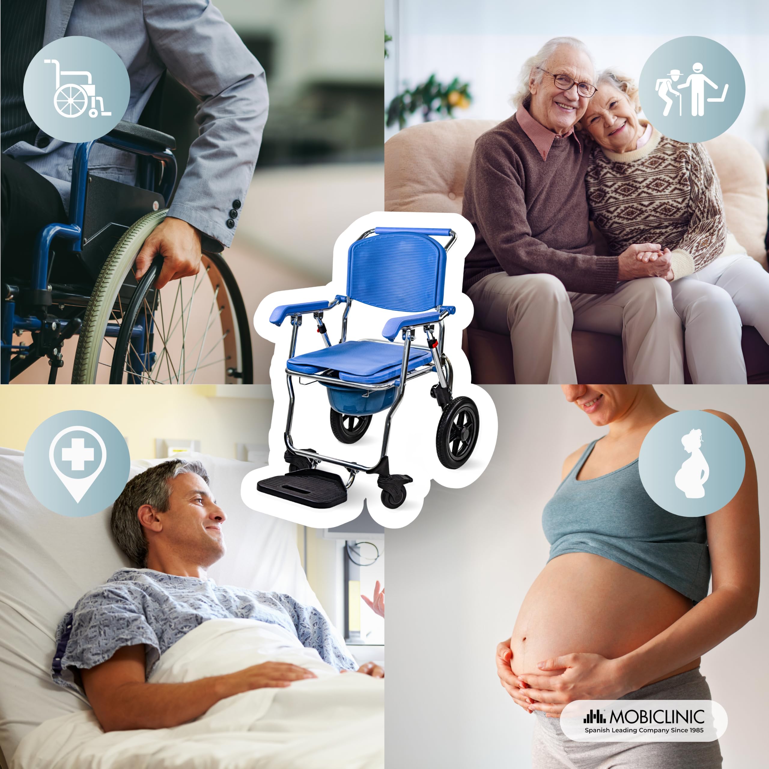 Mobiclinic®, Krzesło Prysznicowe, Składane, 3 w 1, Wyjmowane Wiadro 6,5 l, Podłokietniki i Podnóżek, Przenośna Toaleta, Kółka z Hamulcem, Antypoślizgowe, Lekkie, Aluminiowe, Babor