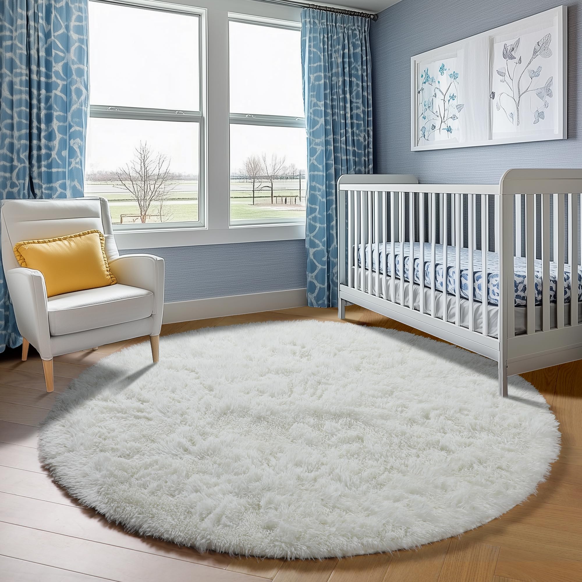 Tapis Poils Longs ONASAR 1,5x2,4m - Bleu Marine Et Blanc Crème - Ultra Doux