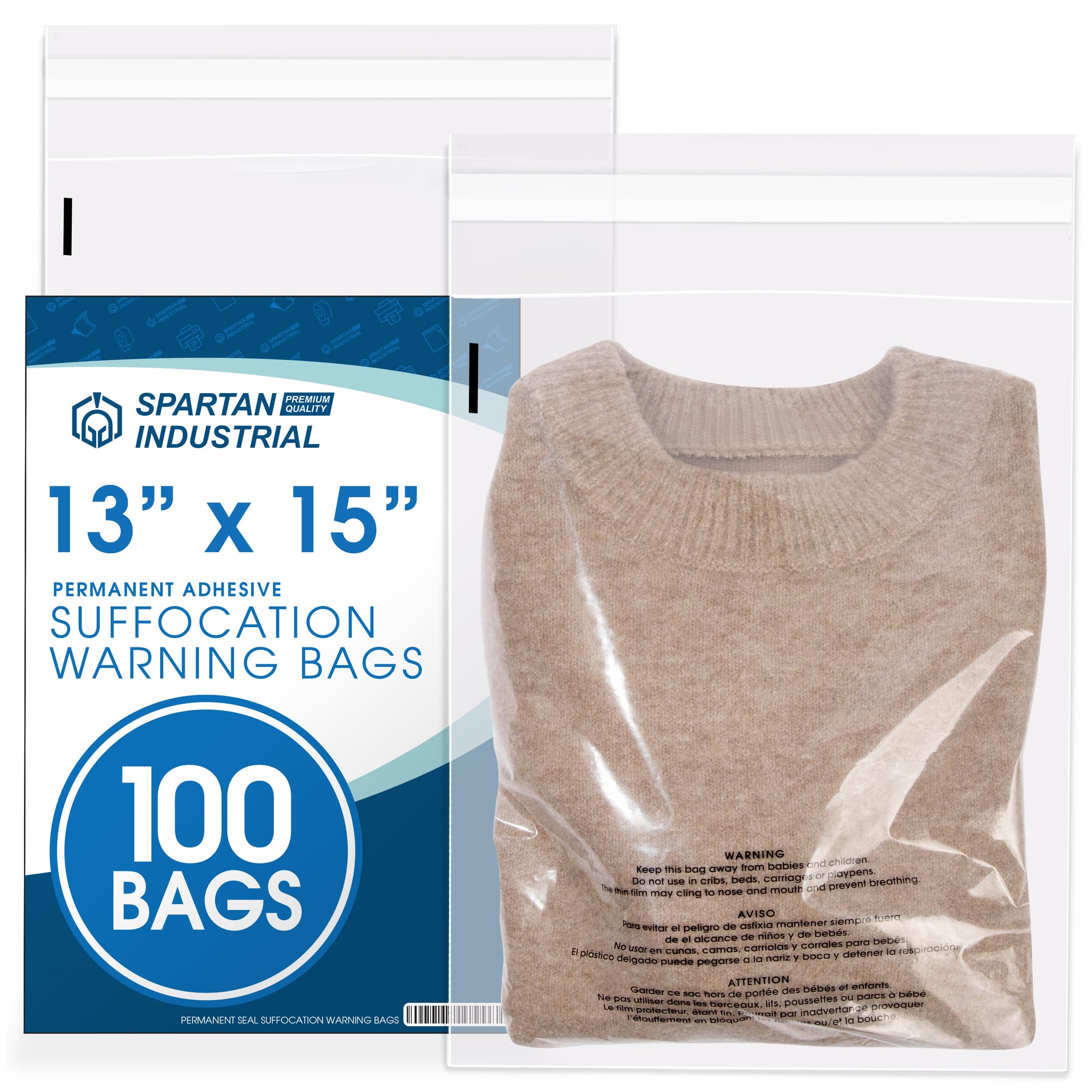 Spartan Industrial - 13” X 15” (100 Count) Self Seal Clear Poly Bags with Suffocation Warning for Packaging, T Shirts & Shipping- Permanent Adhesive