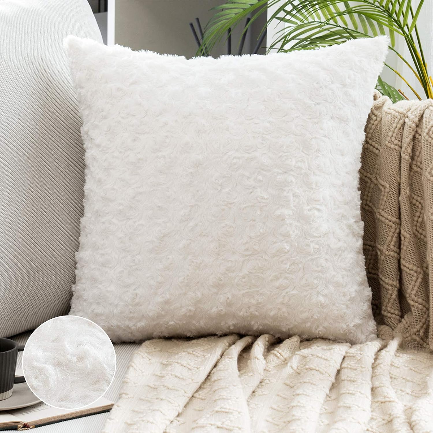MIULEE Pllow Covers Decorative Throw Pillow Cover Luxury Faux Fuzzy Fur Super Soft Cushion Pillow Case Decor White Spring Case for Couch Sofa Bedroom Decoration 18 x 18 Inch
