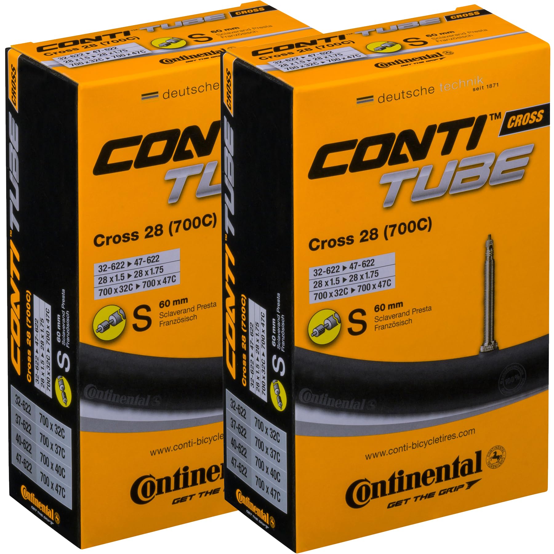 Continental Cross Lot de 2 chambres à air 700 x 32-47c Valve Presta 60 mm
