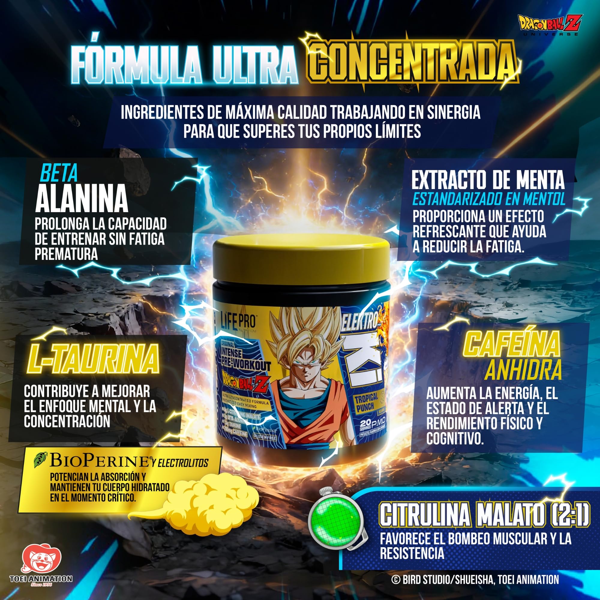 Life Pro Elektro Ki Dragon Ball Z Limited Edition 400g - Potente Preentreno Inspirado en Dragon Ball Z, Aumenta tu Rendimiento y Supera tus Limites como un Guerrero Legendario (400g, TROPICAL PUNCH)