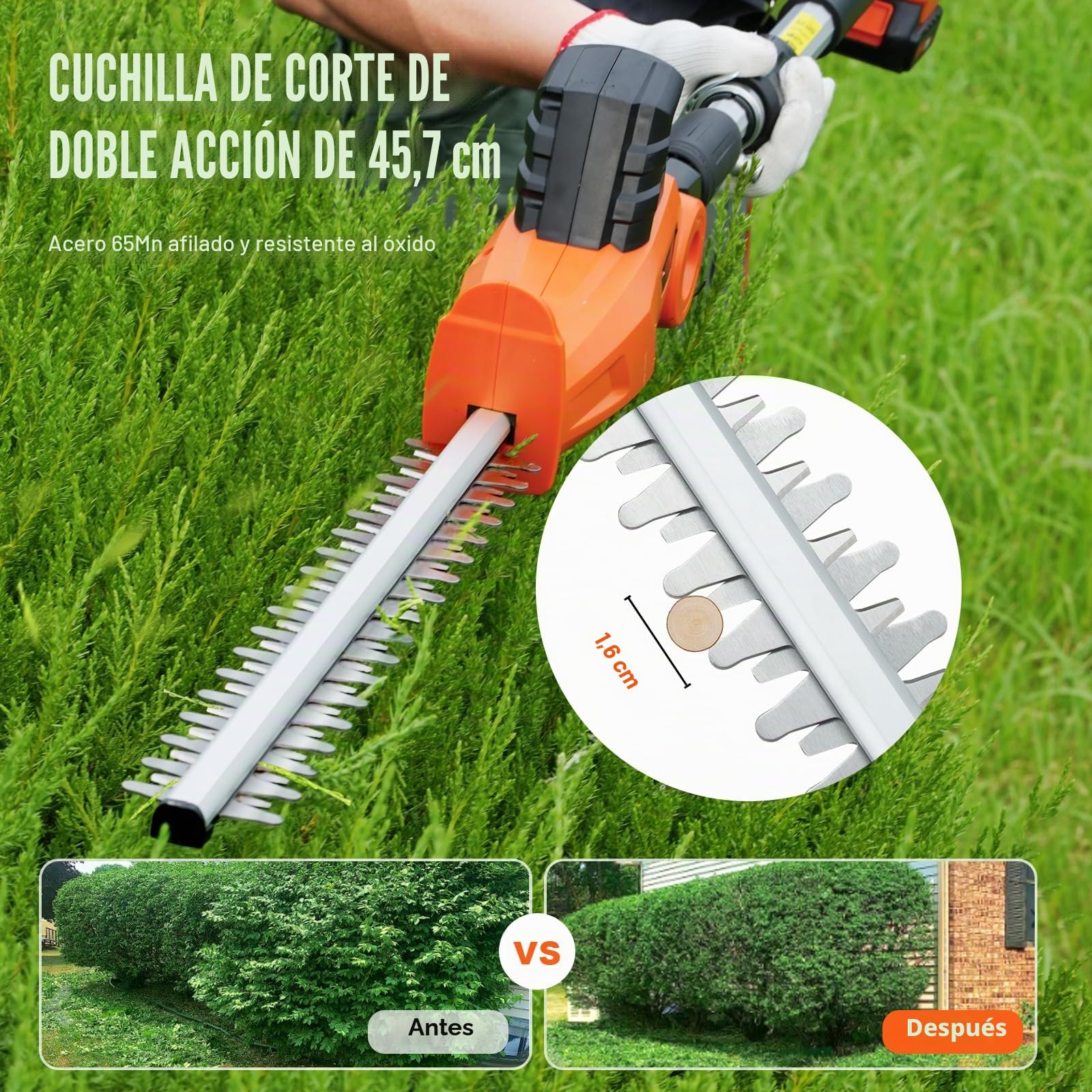VEVOR Cortasetos a Batería 20 V Cortasetos Inalámbrico Cuchilla de Acero de Doble Filo 45,7 cm Mástil Telescópico 188-239 cm Cortasetos Eléctrico con Cargador Rápido para Plantas Altas