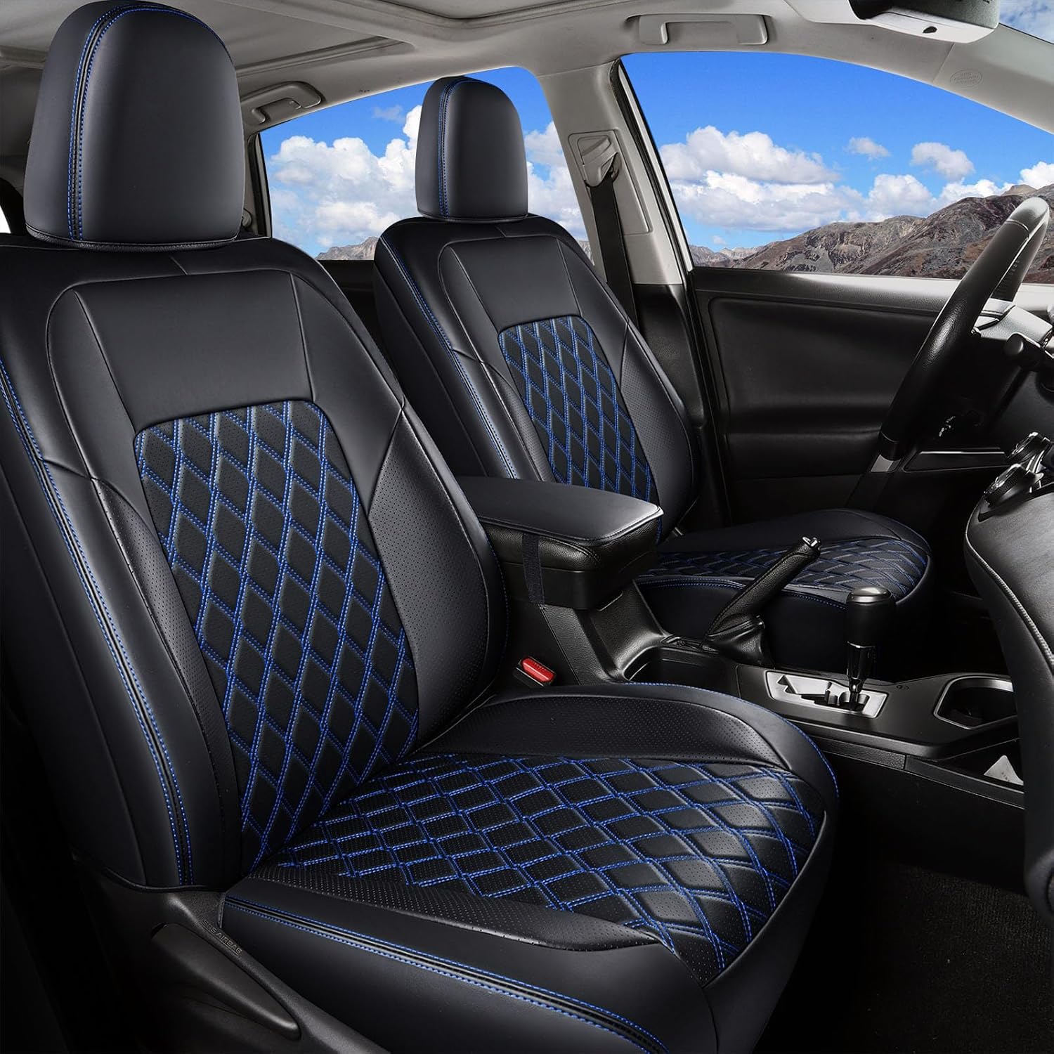 Huidasource Ford Ranger Front Seat Covers, 2PCS Waterproof Faux Leather Seat Covers Fit for Ford Ranger XL, XLT, Lariat 2019-2024 Truck Pickup Supercrew (Front Pair/Black&Blue)