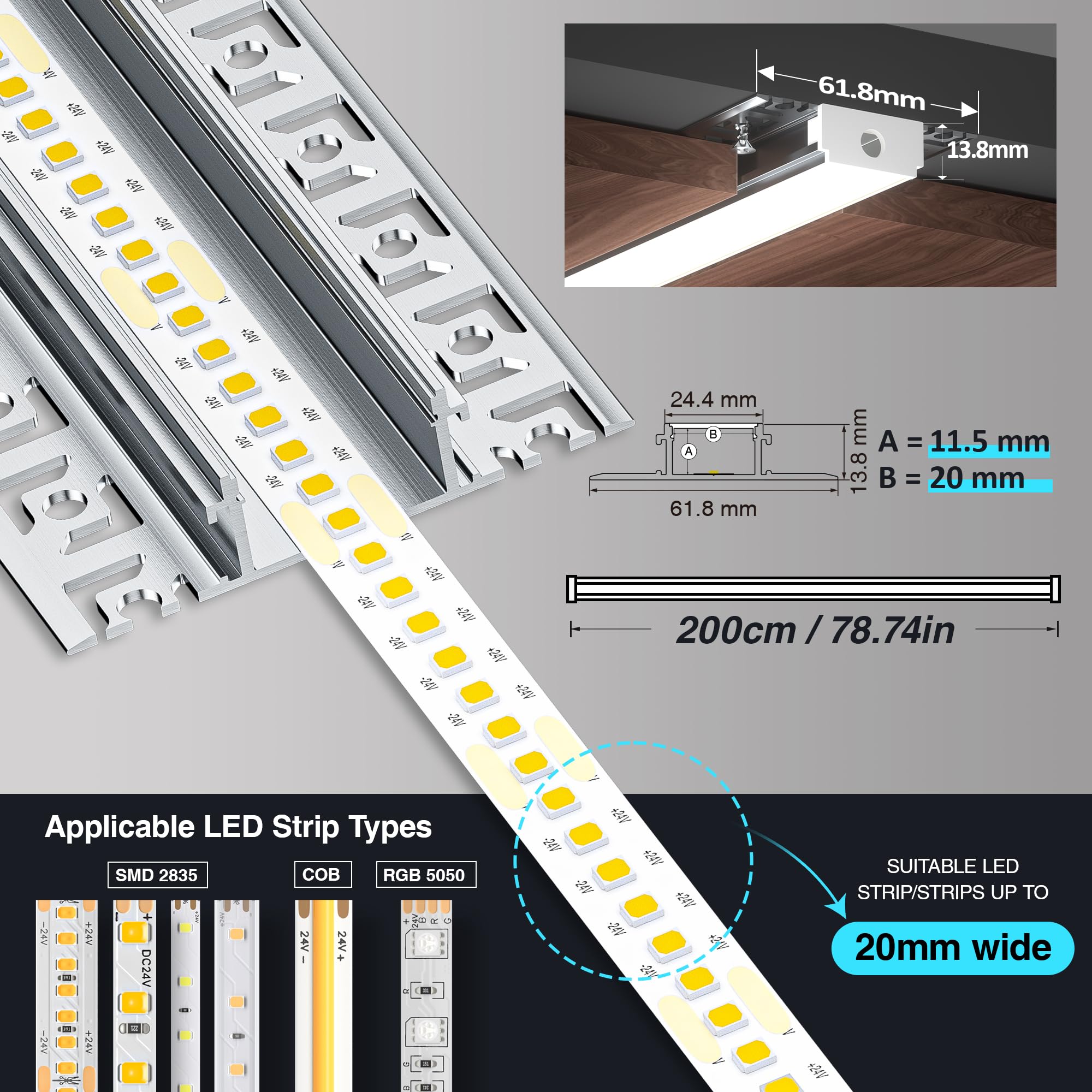 GEEKLUX 10 x Profili per Strisce LED da 2 m in Alluminio (Totale 20 m (WJ005_(61.8 x 13.8mm)_U_LED≤20mm, 10 x 2m_(20m))